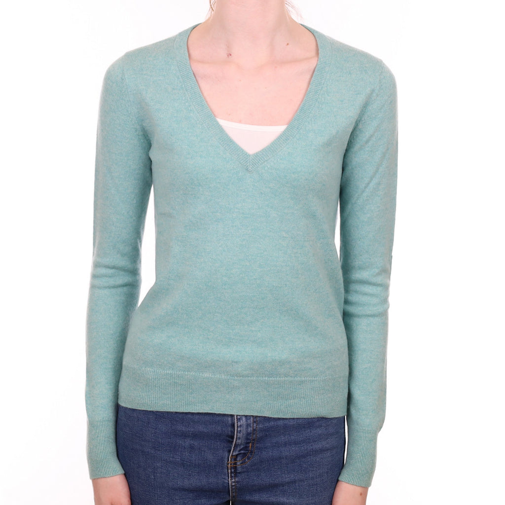 Pale Aqua Green Cashmere V Neck Jumper Extra Small
