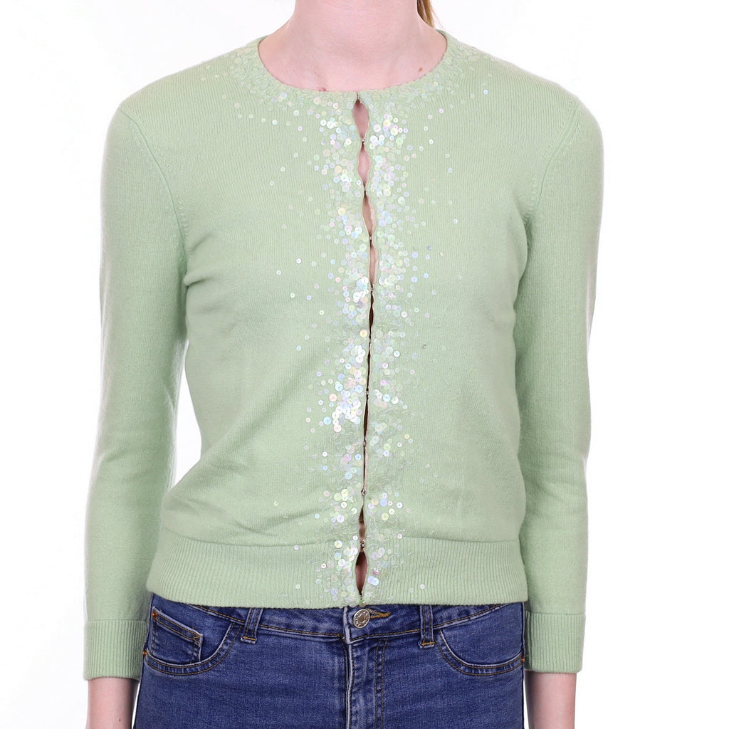 Vince Soft Green Cashmere Crew Neck Sequin Cardigan Extra Small