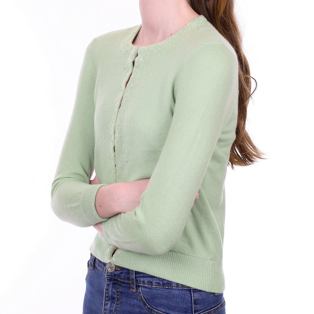 Vince Soft Green Cashmere Crew Neck Sequin Cardigan Extra Small