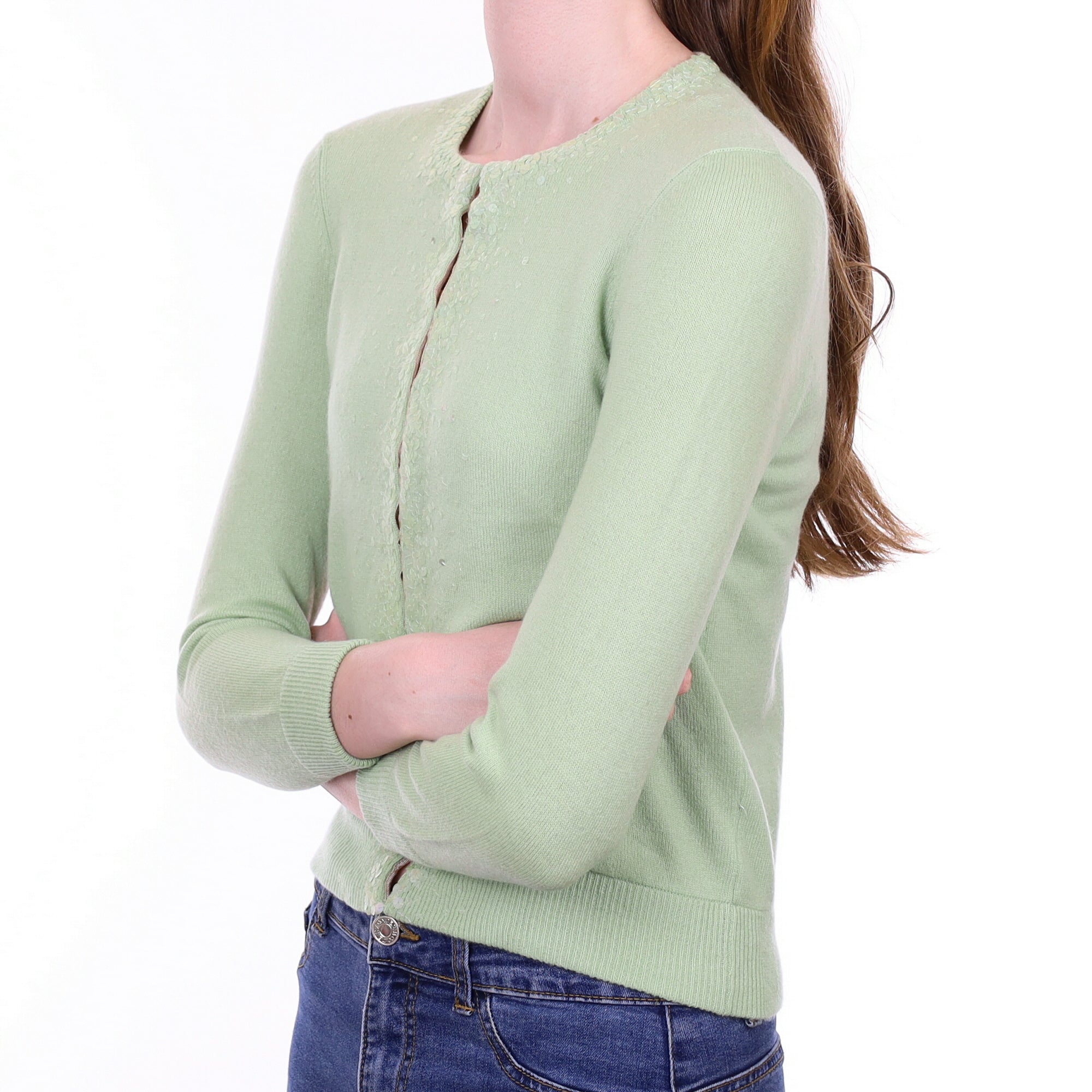 Vince Soft Green Cashmere Crew Neck Sequin Cardigan Extra Small