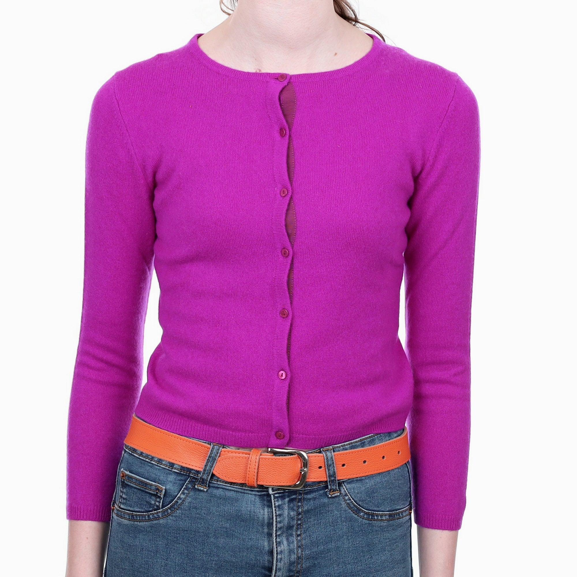 Magenta Purple Cashmere Crew Neck Cardigan Extra Small