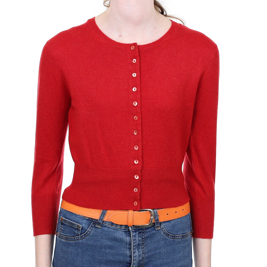 Brora Post Box Red Cashmere Cropped Crew Neck Cardigan Extra Small