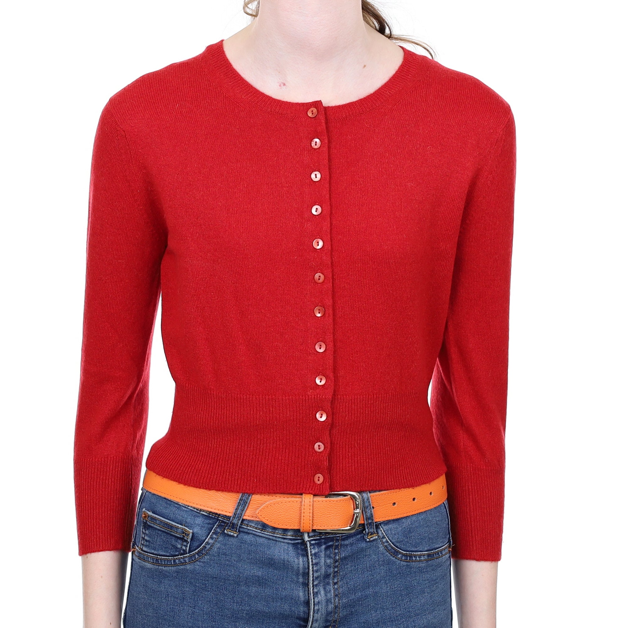 Brora Post Box Red Cashmere Cropped Crew Neck Cardigan Extra Small