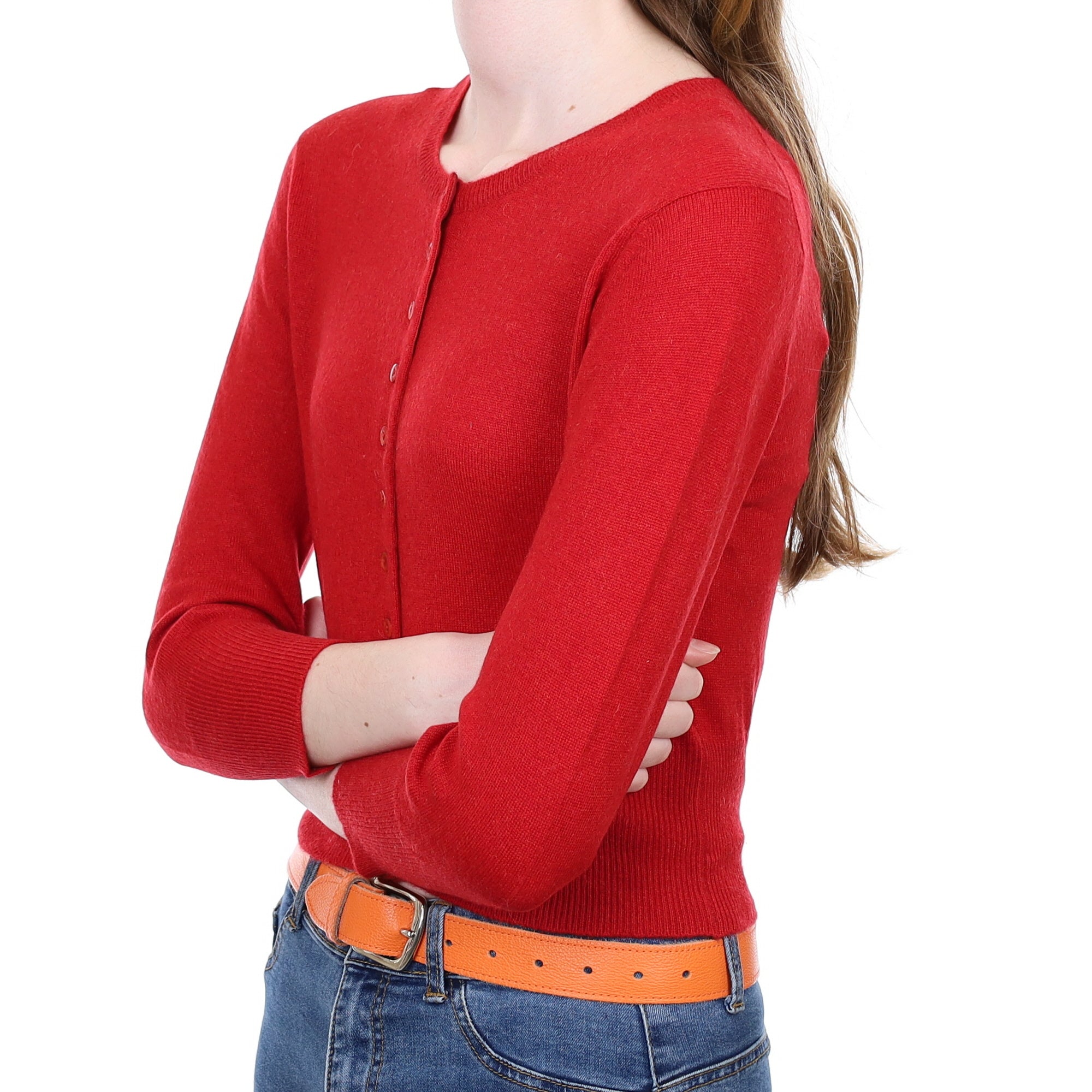 Brora Post Box Red Cashmere Cropped Crew Neck Cardigan Extra Small