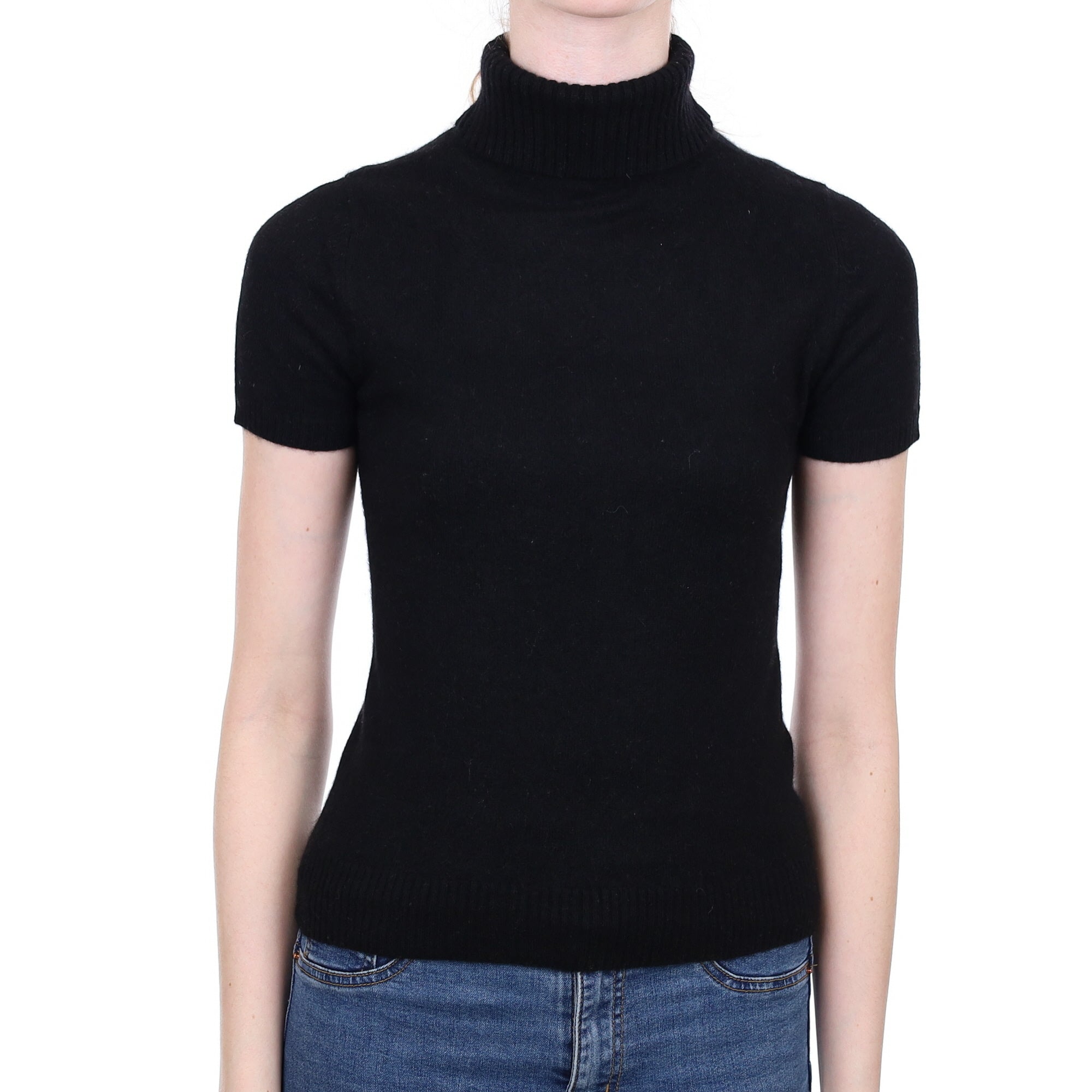 Black Cashmere Short Sleeved Polo Neck Jumper Extra Small