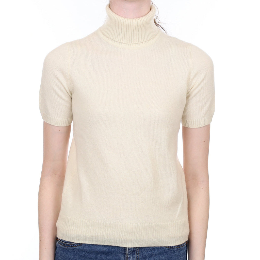 Vanilla Cream Cashmere Short Sleeved Polo Neck Jumper Extra Small