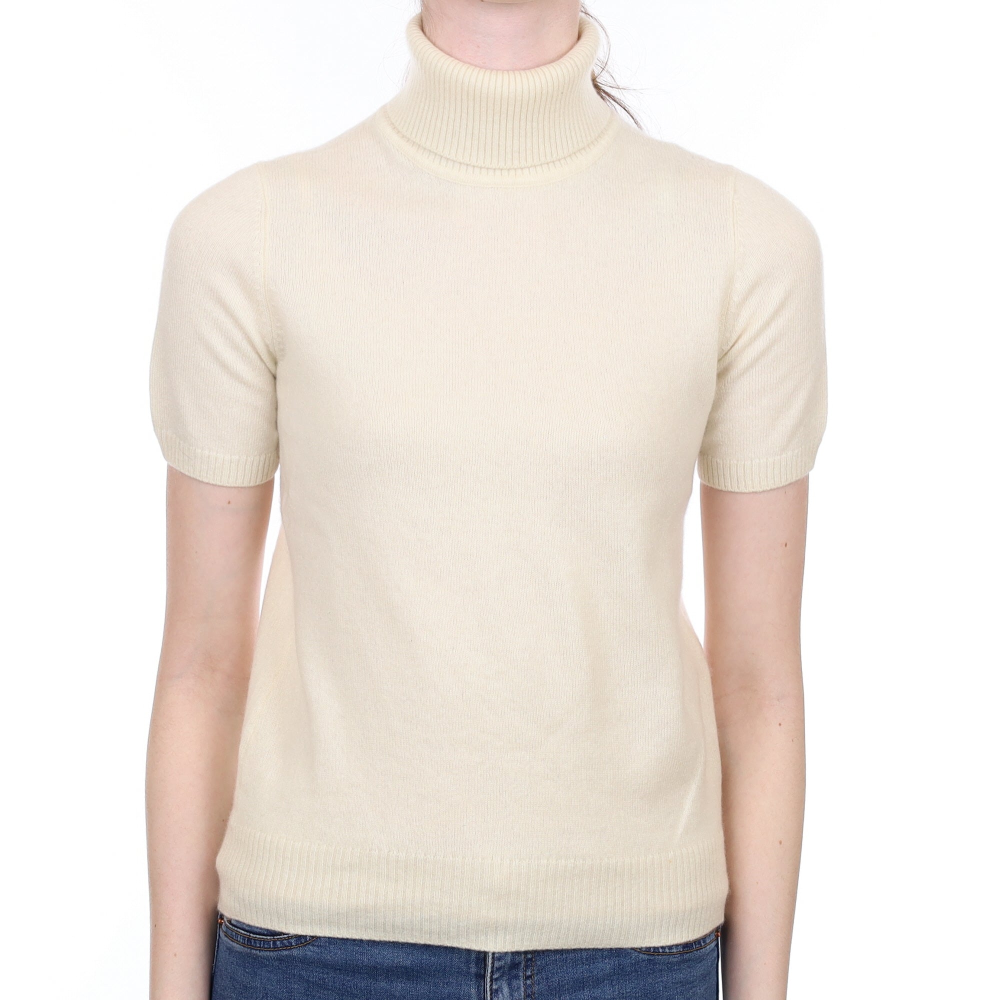 Vanilla Cream Cashmere Short Sleeved Polo Neck Jumper Extra Small