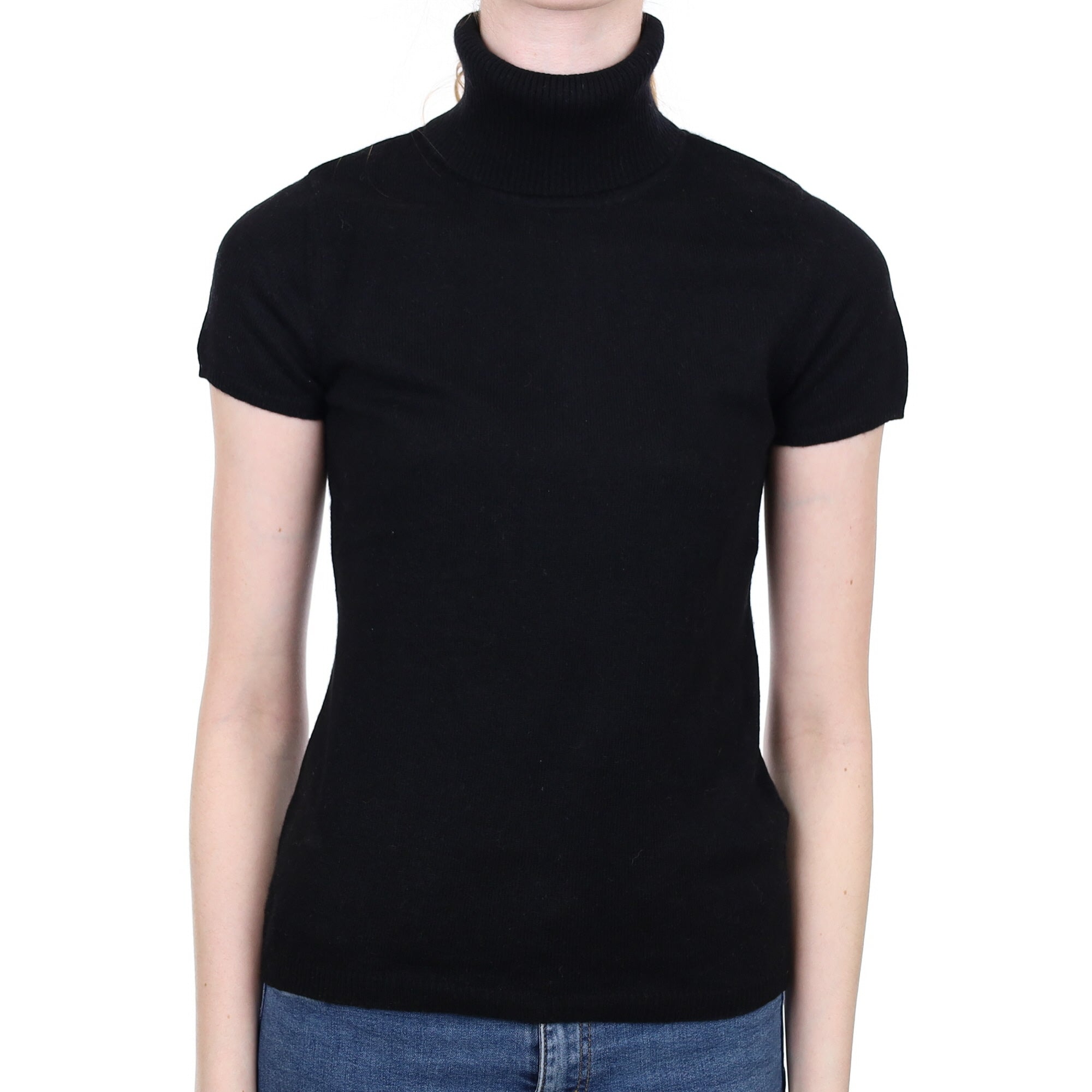 Black Cashmere Short Sleeved Polo Neck Jumper Extra Small