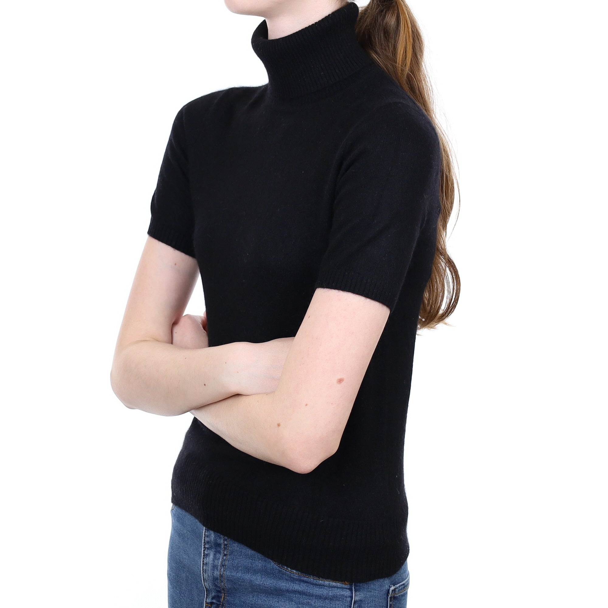 Black Cashmere Short Sleeved Polo Neck Jumper Extra Small