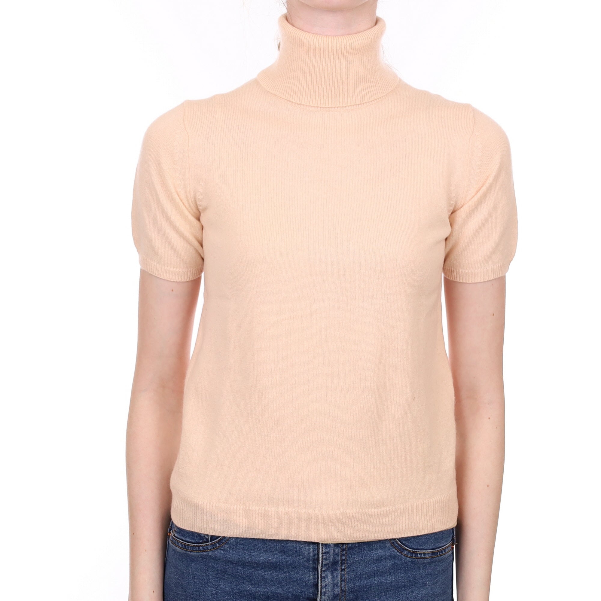 Peach Pink Cashmere Short Sleeved Polo Neck Jumper Extra Small