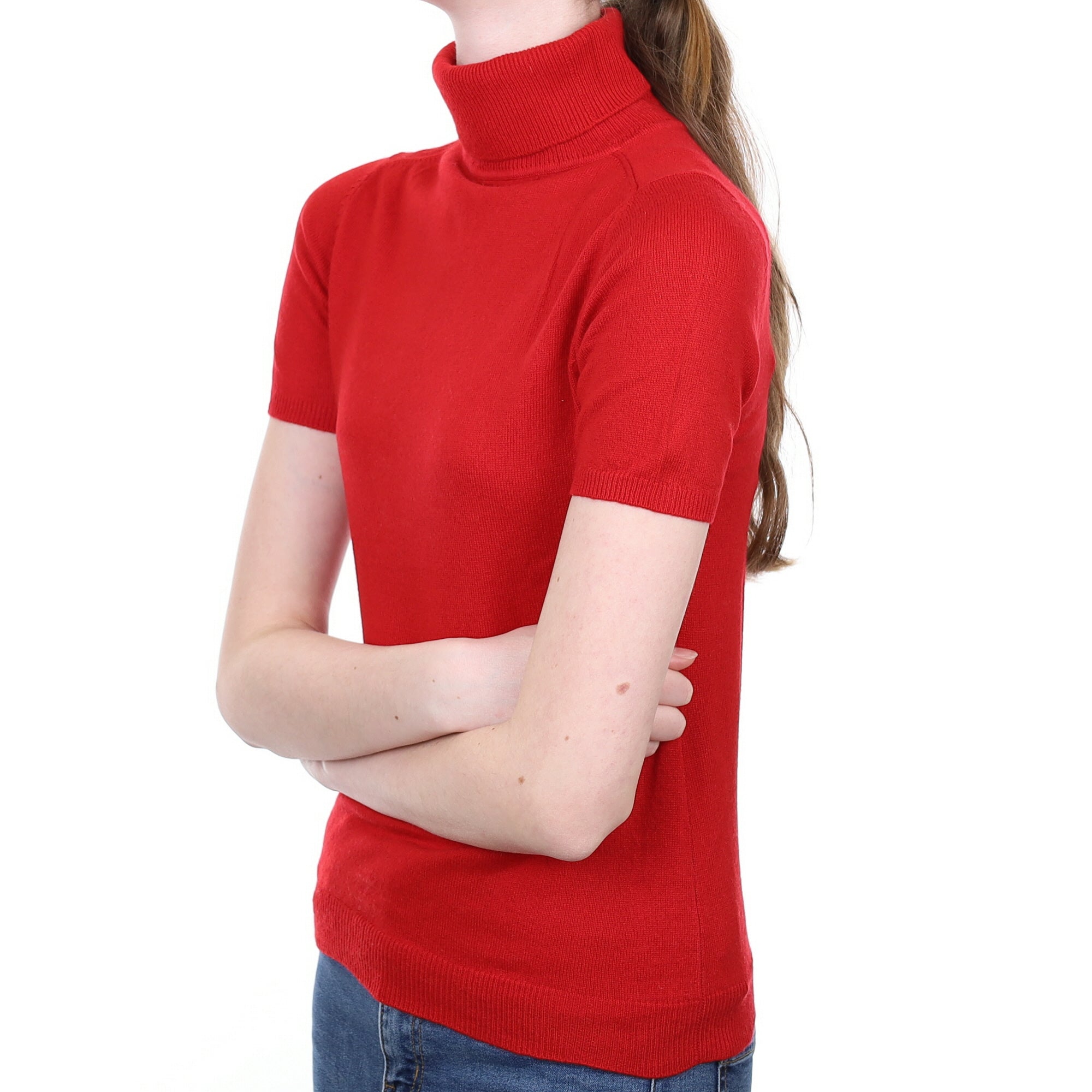 Scarlett Red Cashmere Short Sleeved Polo Neck Jumper Extra Small