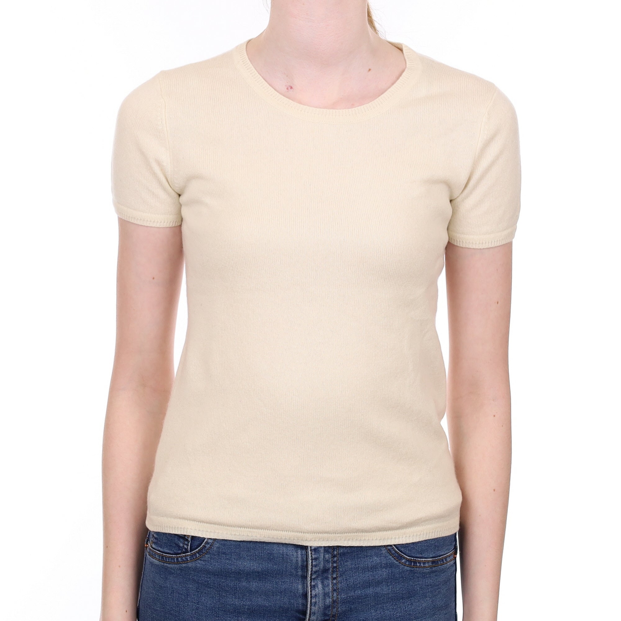 Vanilla Cream Cashmere Short Sleeved Crew Neck Jumper Extra Small