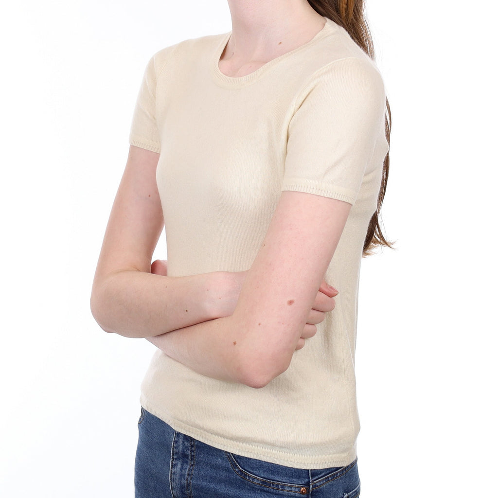 Vanilla Cream Cashmere Short Sleeved Crew Neck Jumper Extra Small
