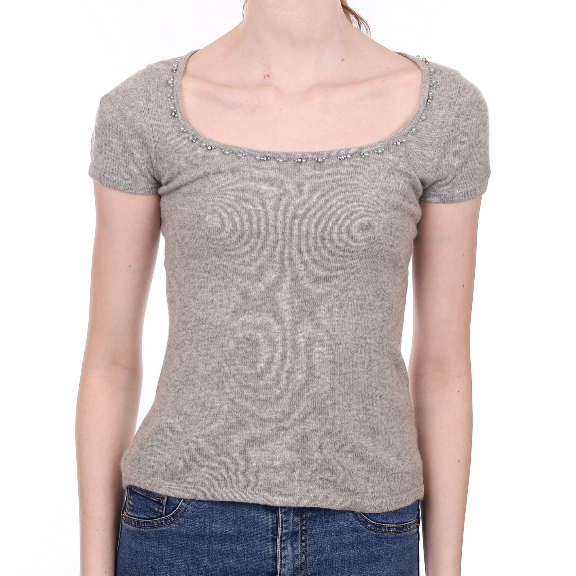 Smoke Grey Beaded Cashmere Scoop Neck Jumper Extra Small