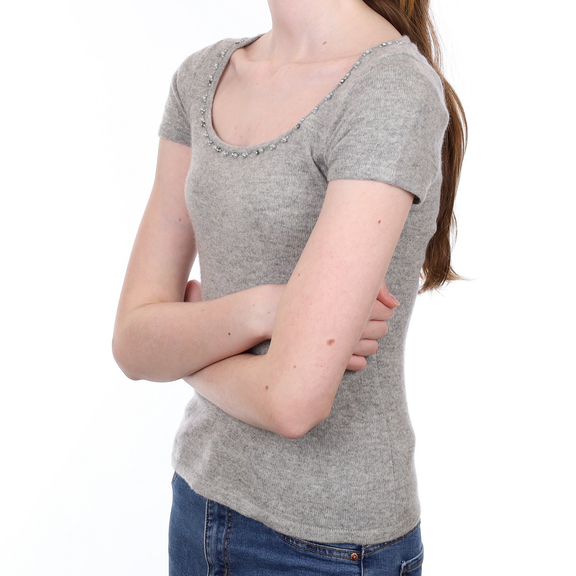 Smoke Grey Beaded Cashmere Scoop Neck Jumper Extra Small