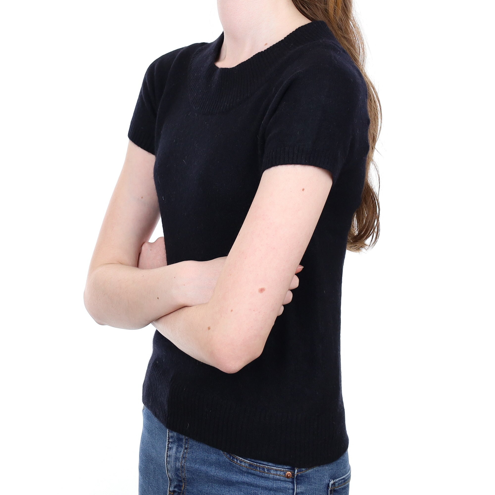 Black Cashmere Short Sleeved Wide Crew Neck Jumper Extra Small