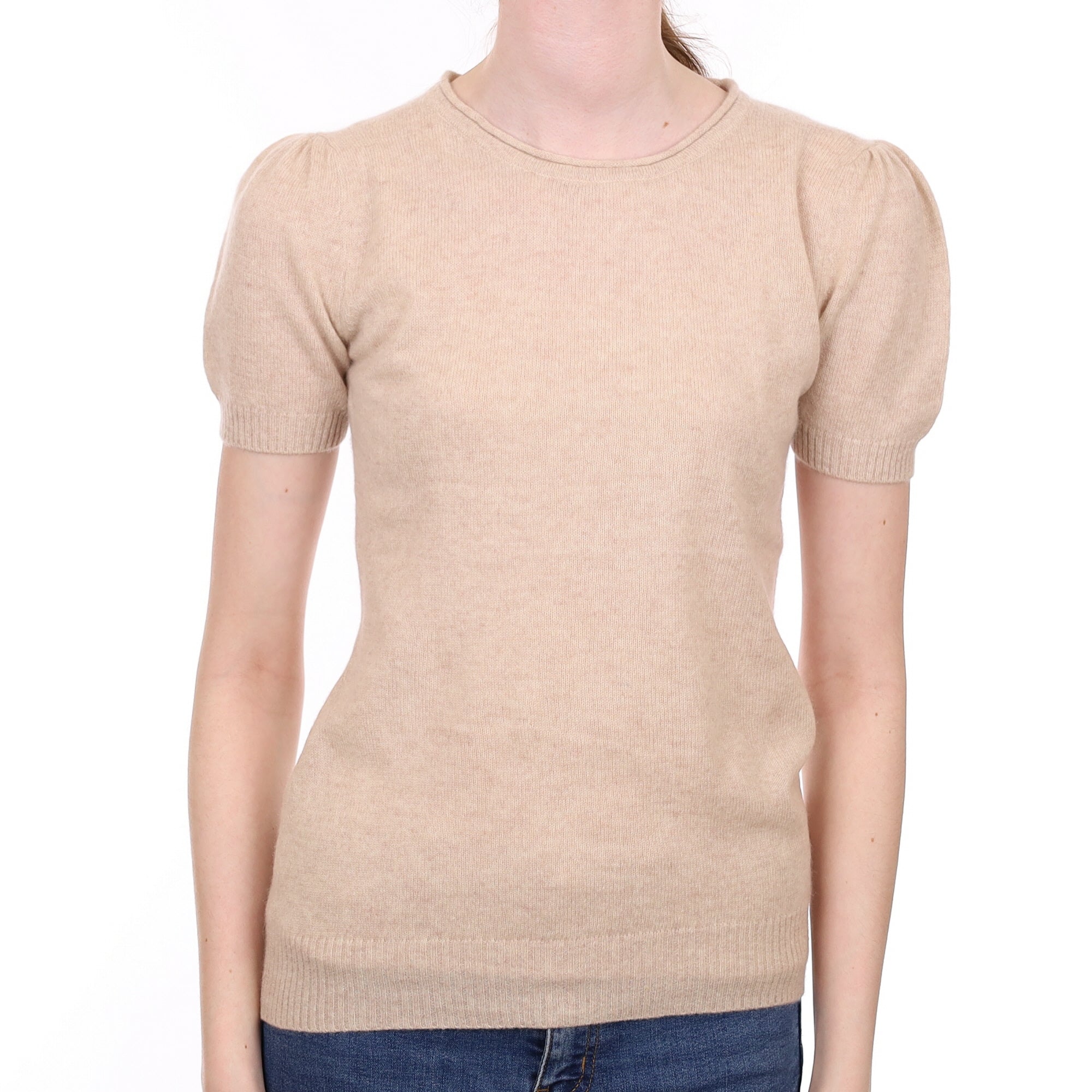 Oatmeal Beige Cashmere Short Sleeved Crew Neck Jumper Extra Small