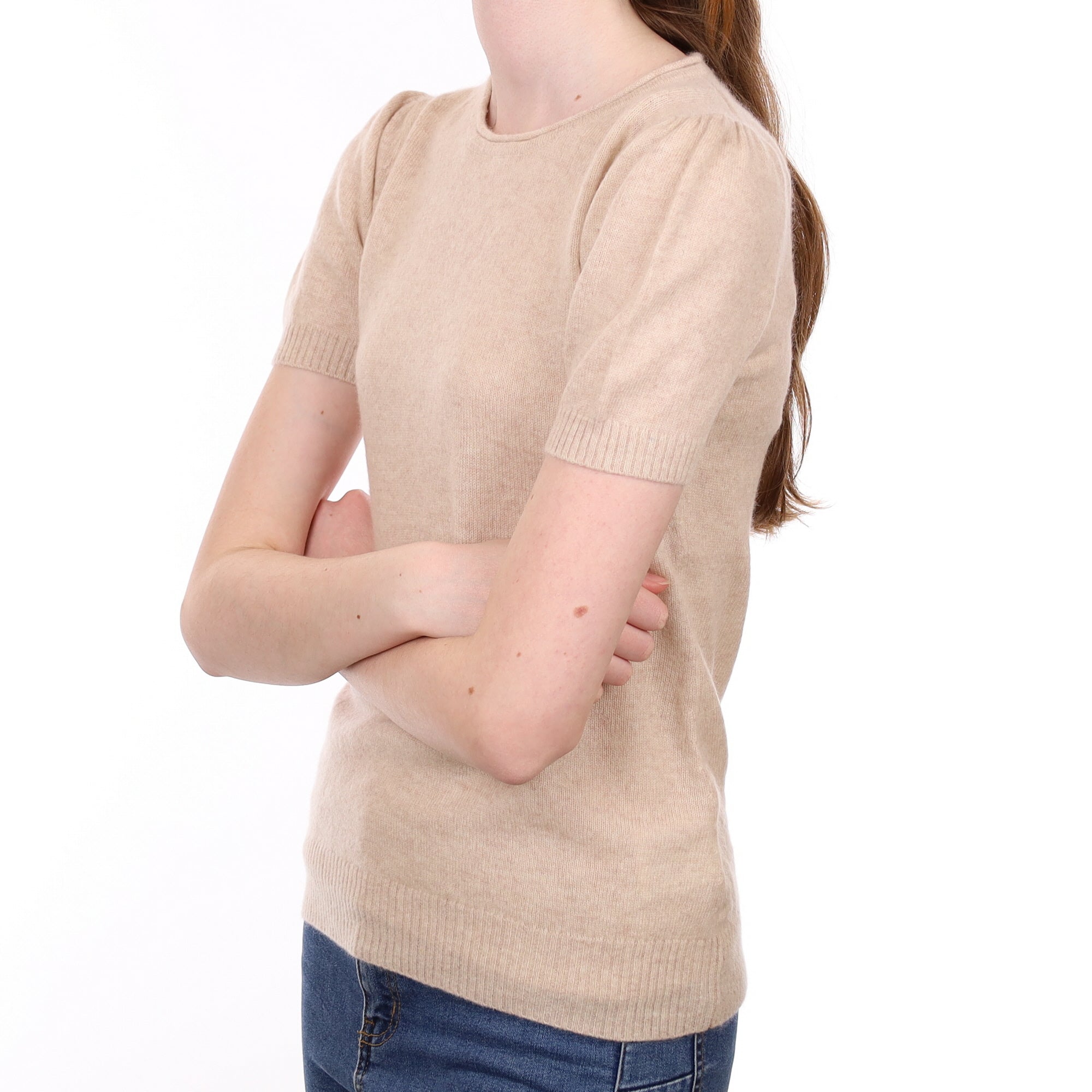 Oatmeal Beige Cashmere Short Sleeved Crew Neck Jumper Extra Small