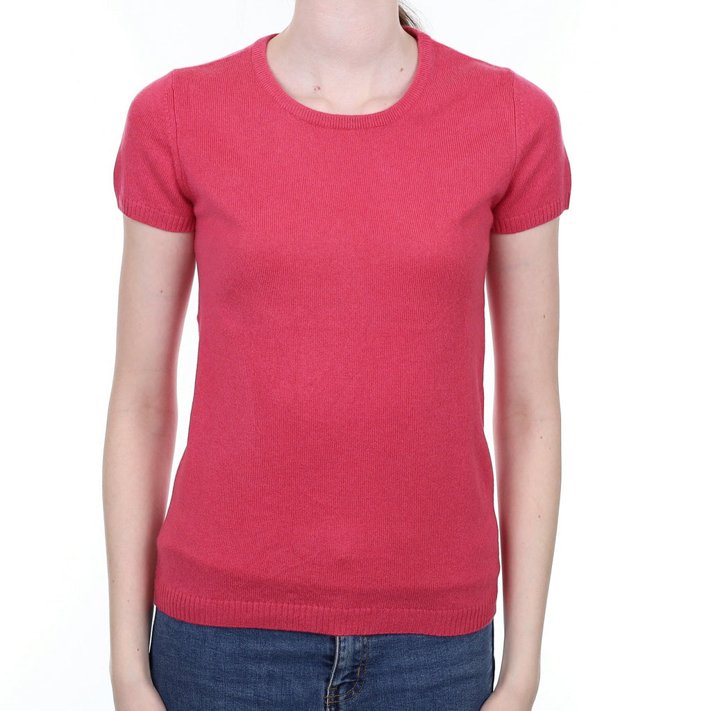 Rose Pink Cashmere Short Sleeved Crew Neck Jumper Extra Small
