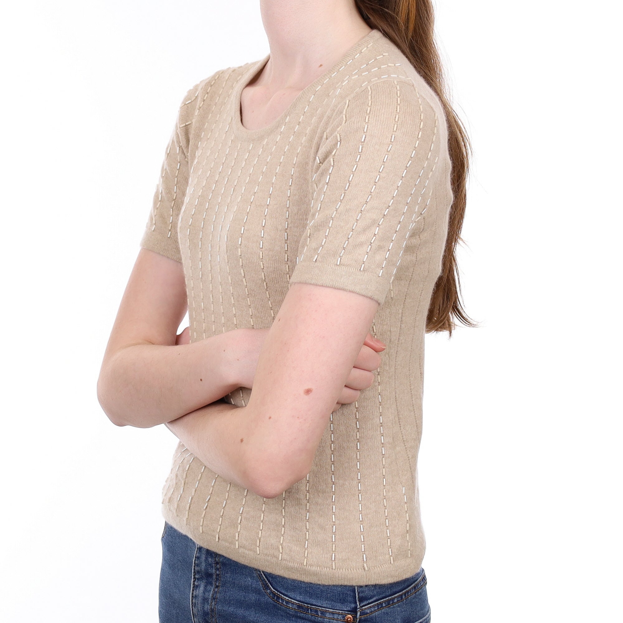 Oatmeal Beige Beaded Cashmere Short Sleeved Crew Neck Jumper Extra Small