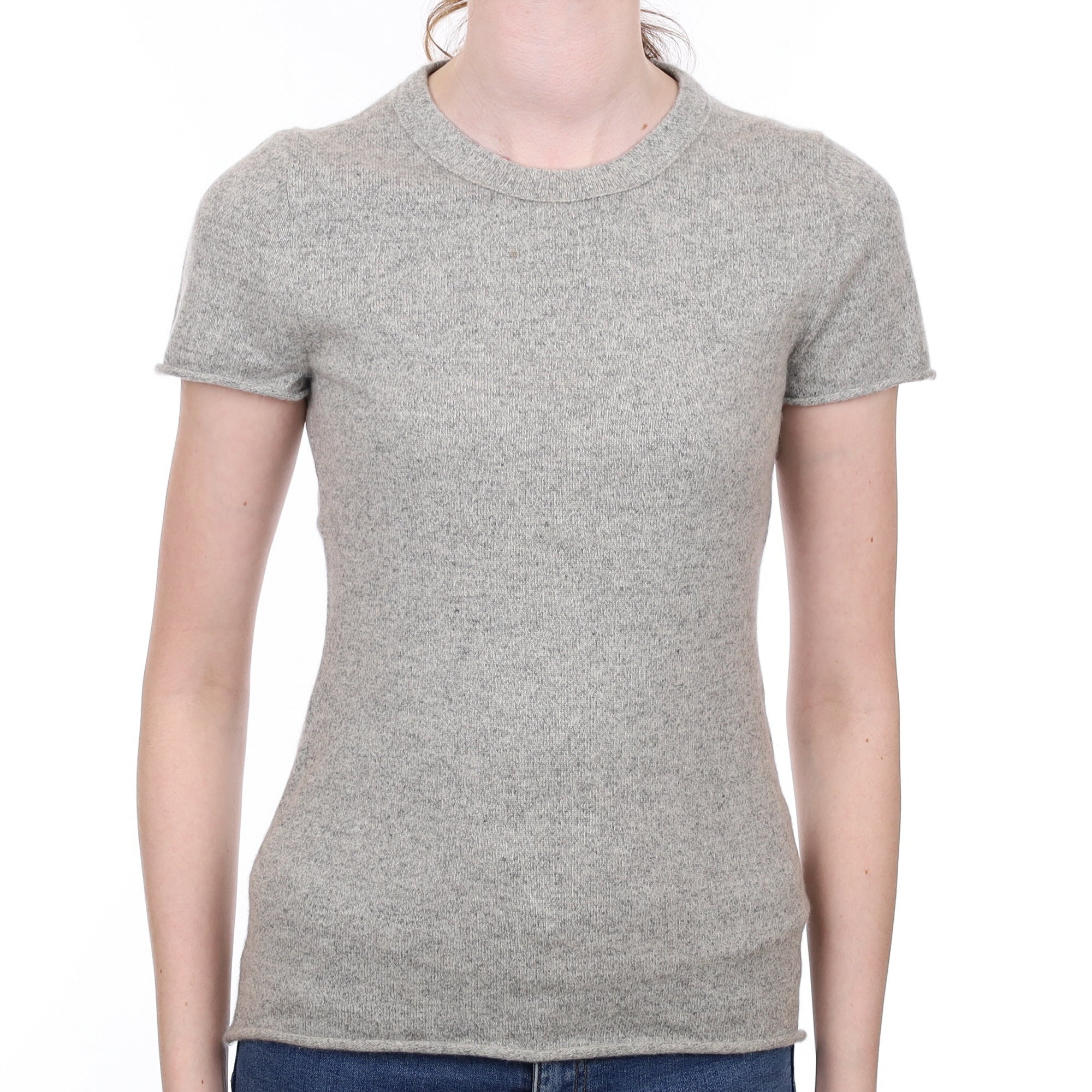 Smoke Grey Marl Cashmere Short Sleeved Crew Neck Jumper Extra Small