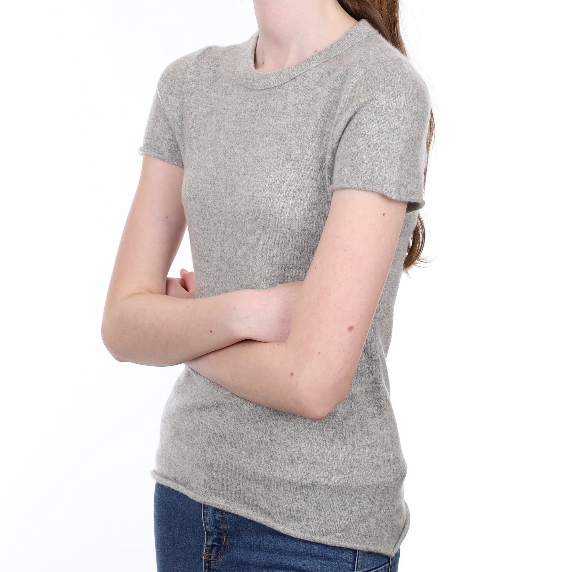 Smoke Grey Marl Cashmere Short Sleeved Crew Neck Jumper Extra Small