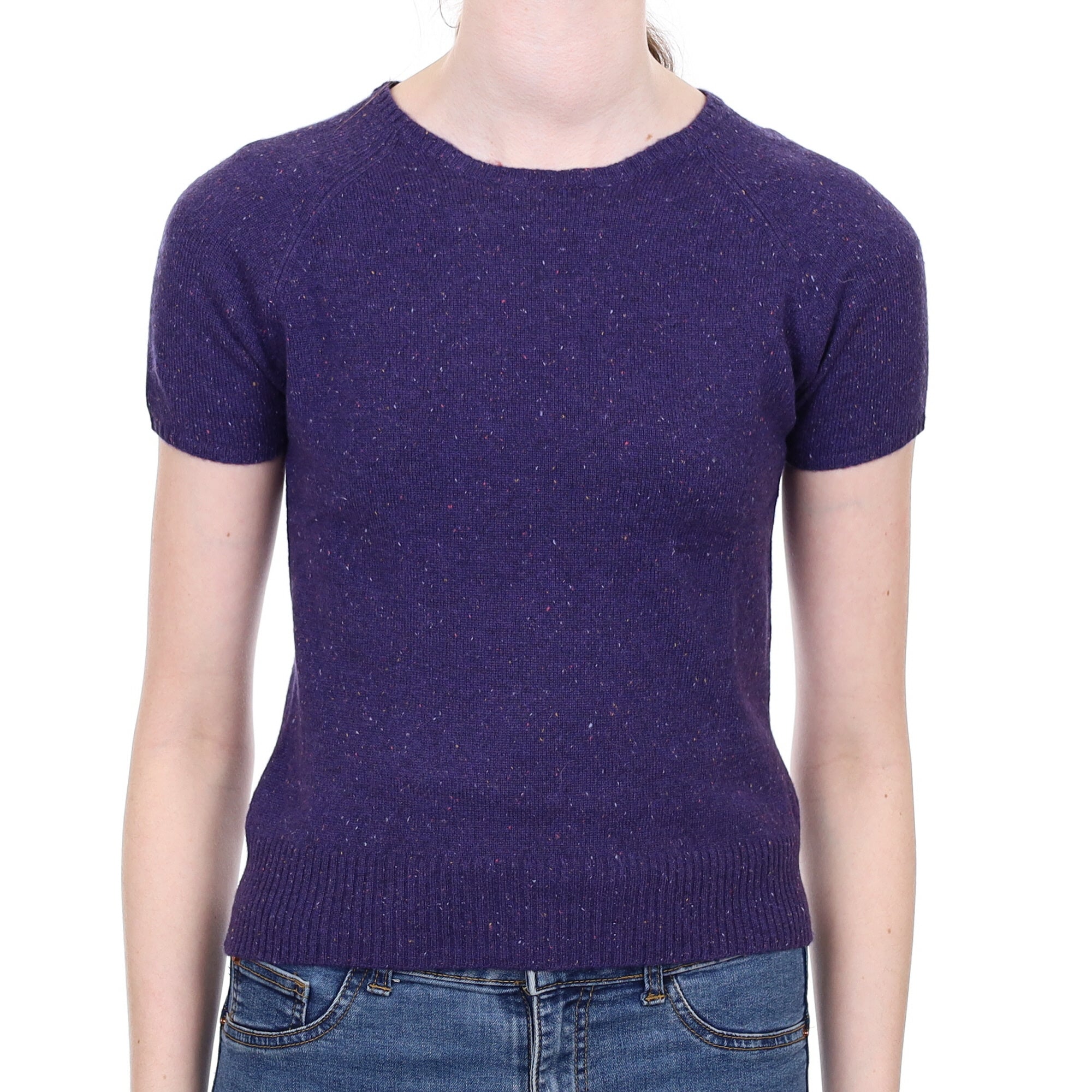 Grape Purple Fleck Cashmere Short Sleeved Crew Neck Jumper Extra Small