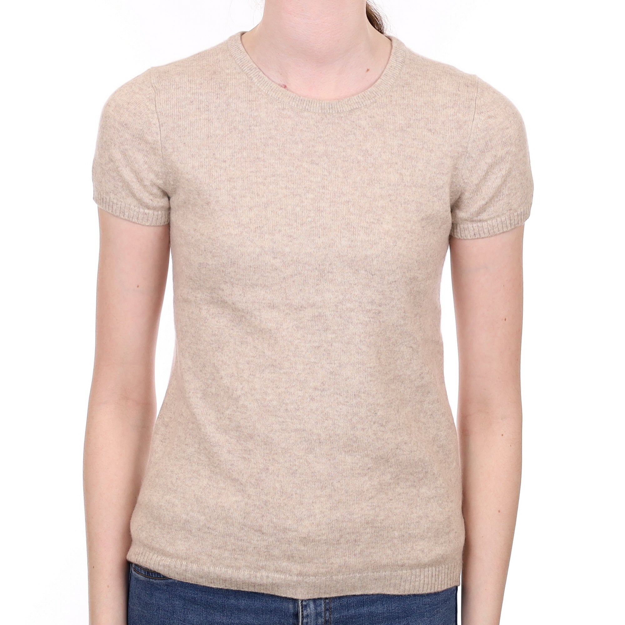 Oatmeal Beige Cashmere Short Sleeved Crew Neck Jumper Extra Small