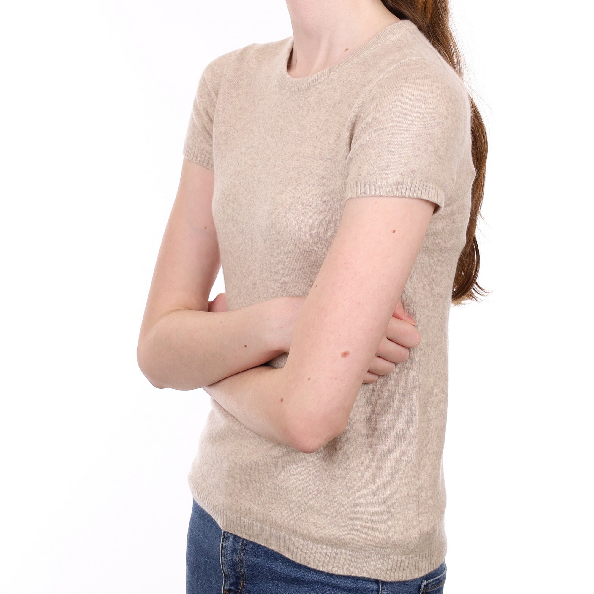 Oatmeal Beige Cashmere Short Sleeved Crew Neck Jumper Extra Small