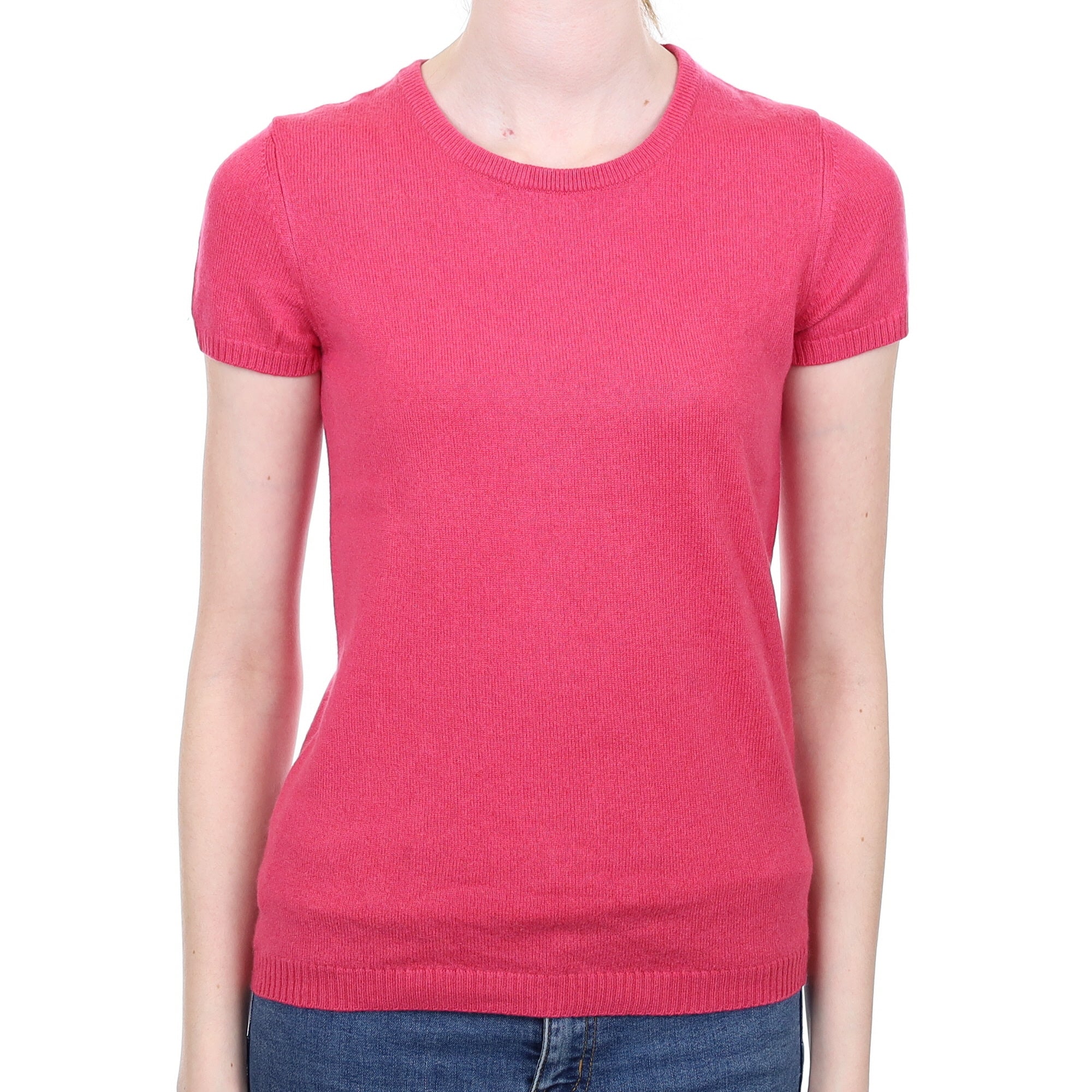 Raspberry Pink Cashmere Short Sleeved Crew Neck Jumper Extra Small