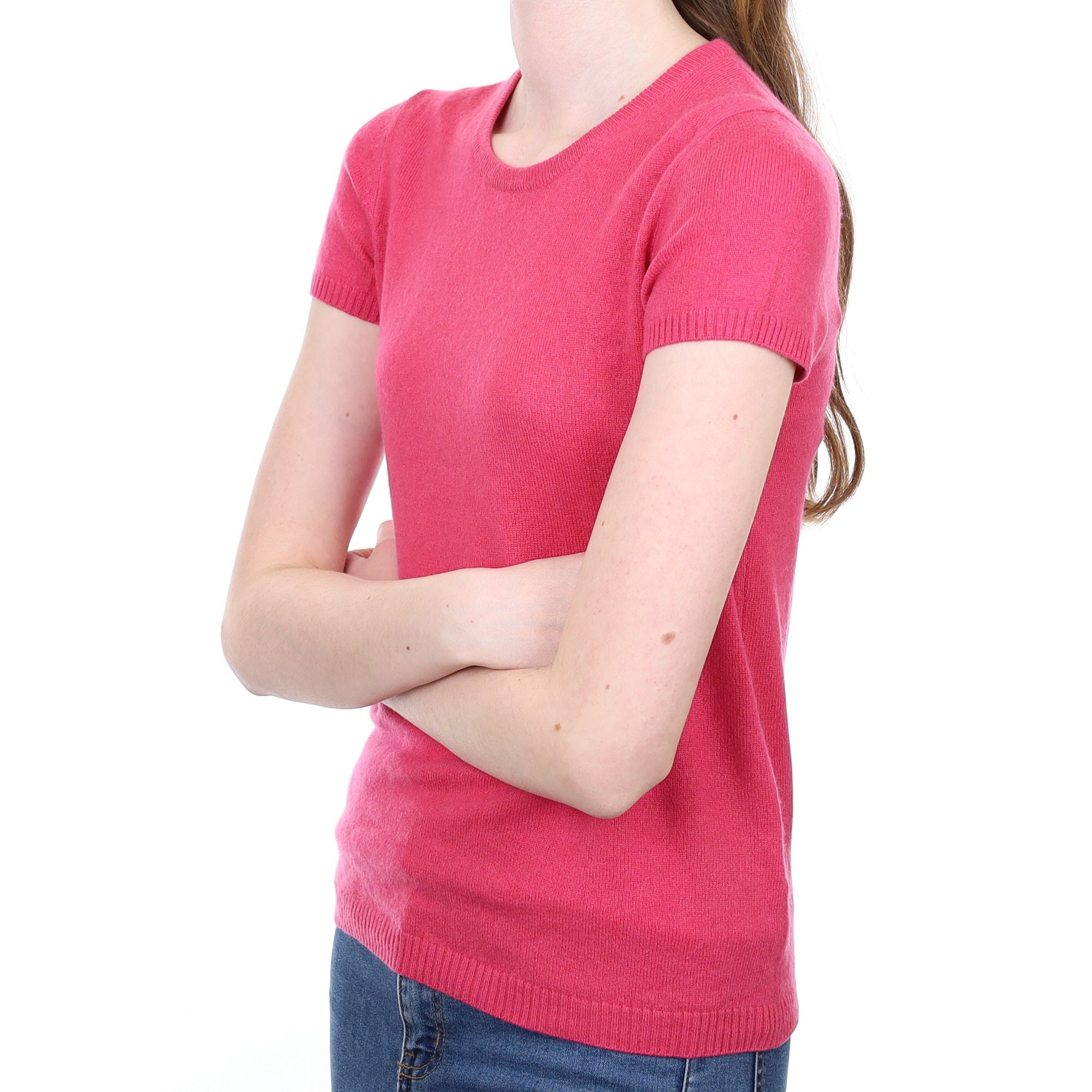 Raspberry Pink Cashmere Short Sleeved Crew Neck Jumper Extra Small