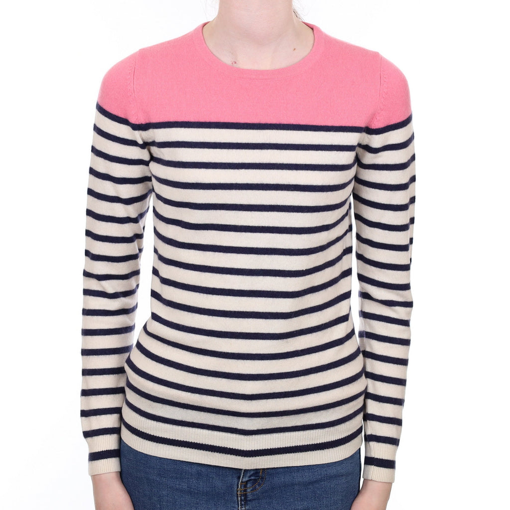 Navy Striped Cashmere Crew Neck Jumper Extra Small