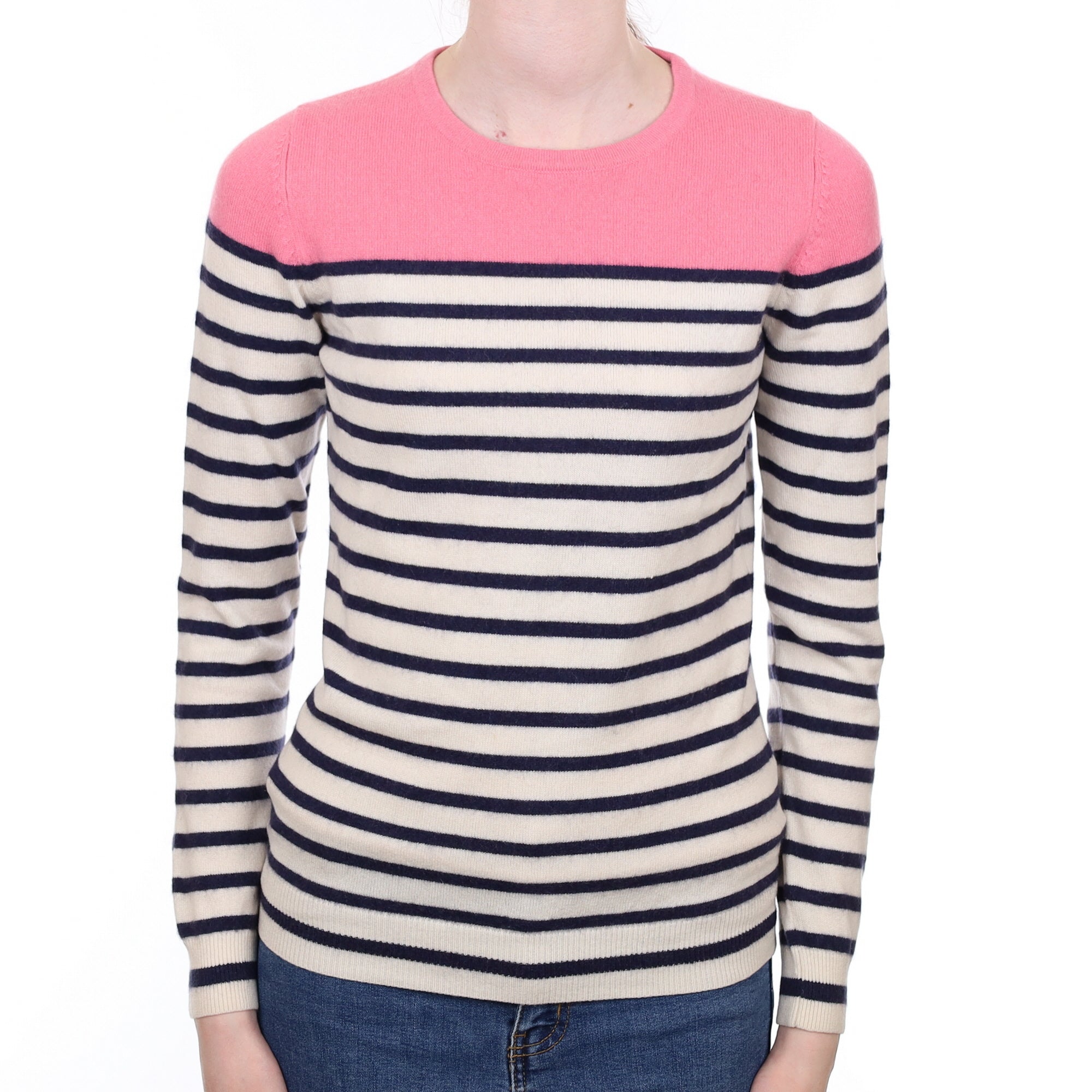 Navy Striped Cashmere Crew Neck Jumper Extra Small