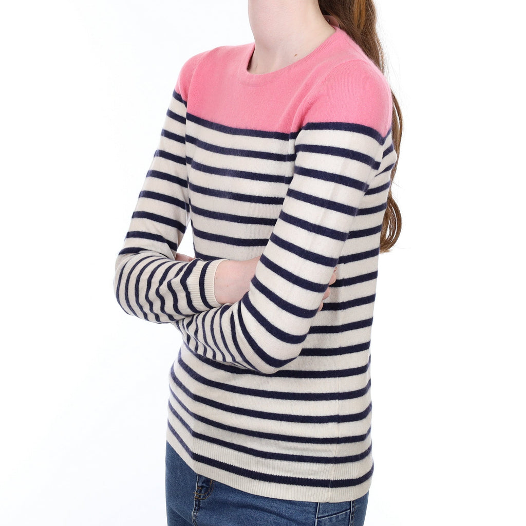 Navy Striped Cashmere Crew Neck Jumper Extra Small