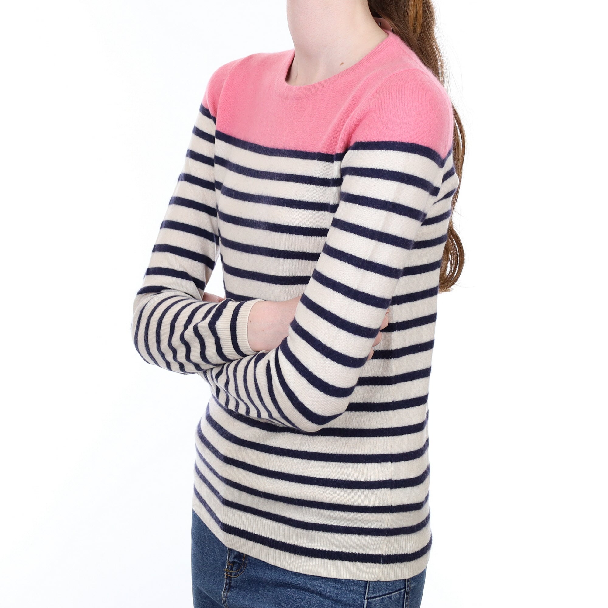 Navy Striped Cashmere Crew Neck Jumper Extra Small