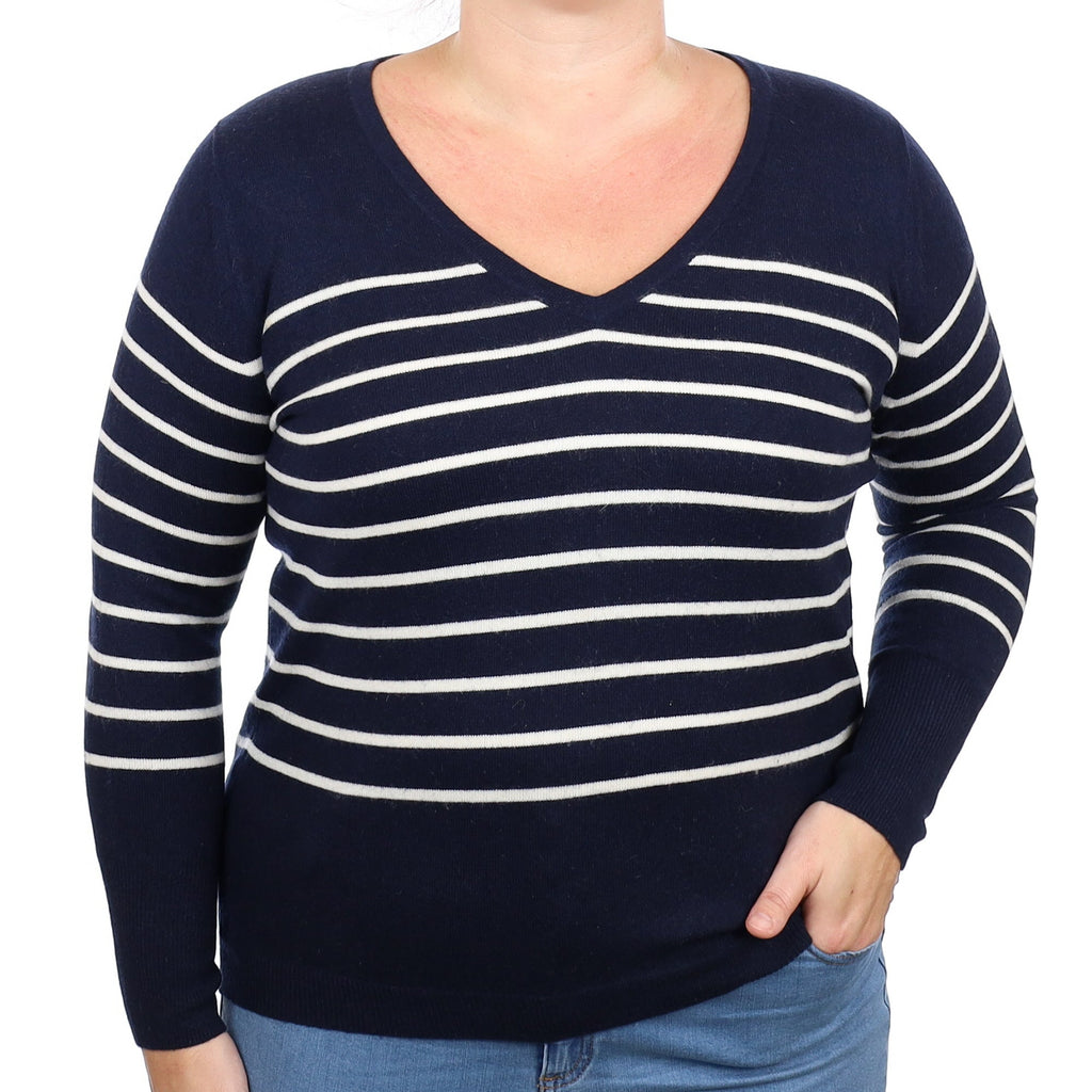 Navy Blue Striped Cashmere V Neck Jumper Large