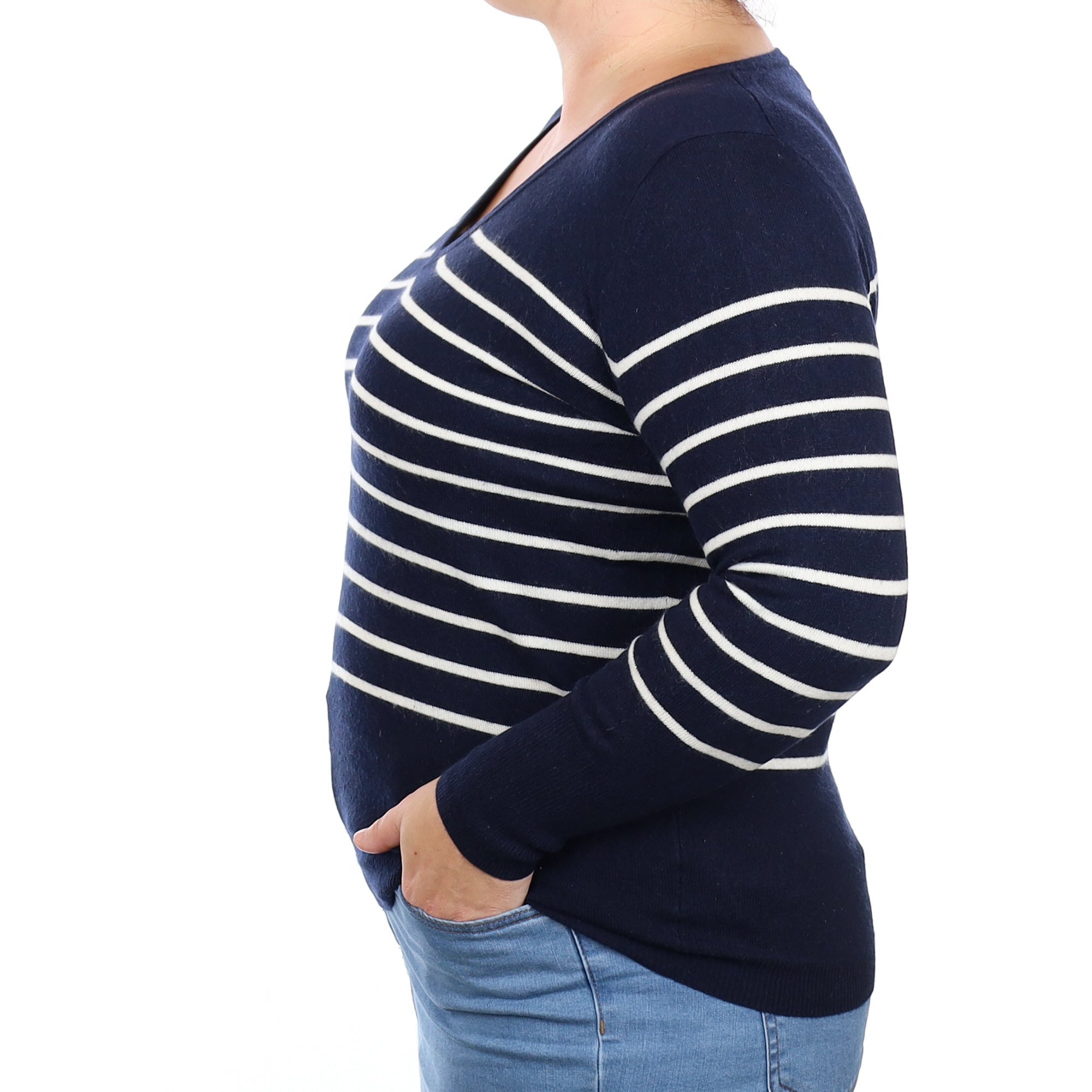 Navy Blue Striped Cashmere V Neck Jumper Large