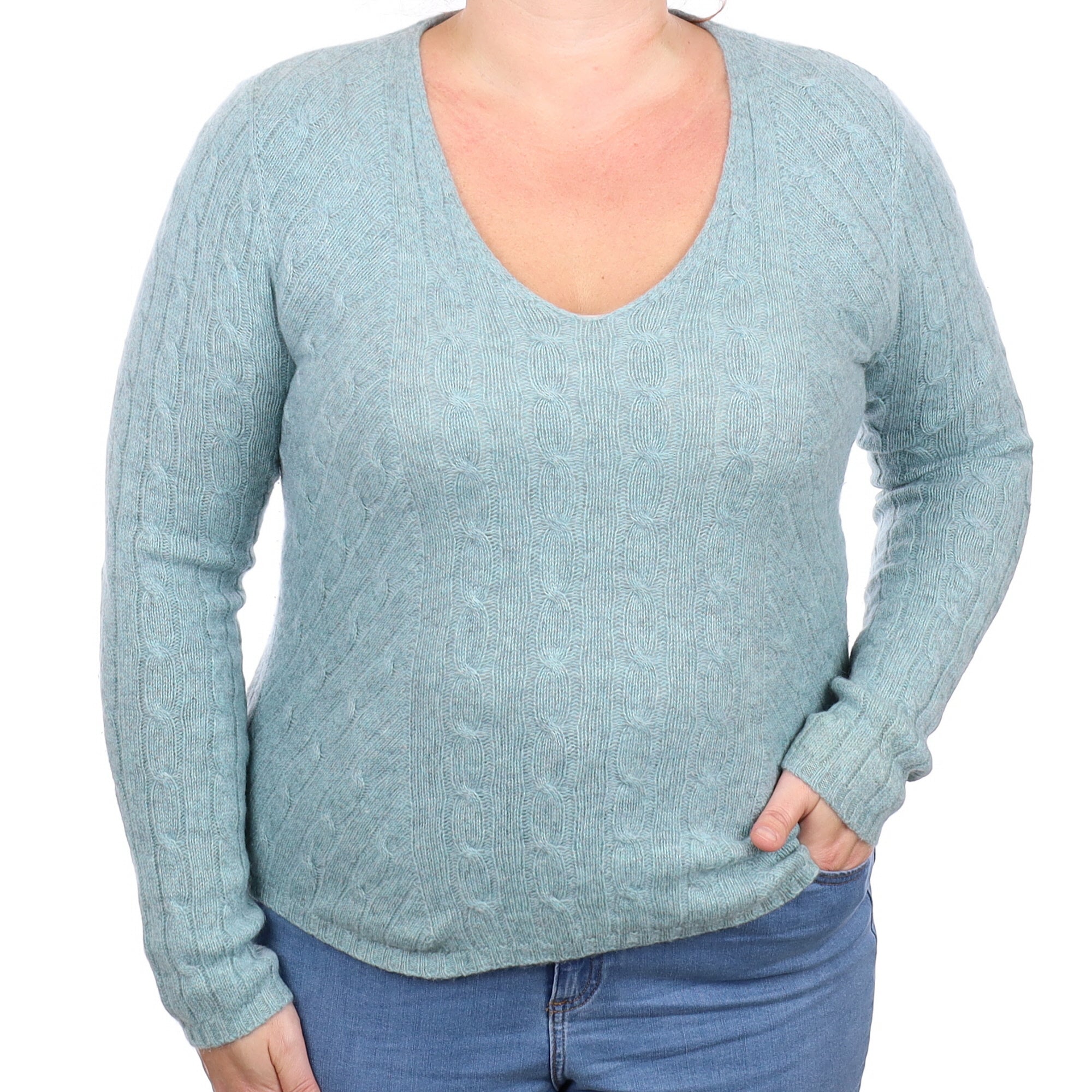 N. Peal Sea Green Cable Cashmere V Neck Jumper Large