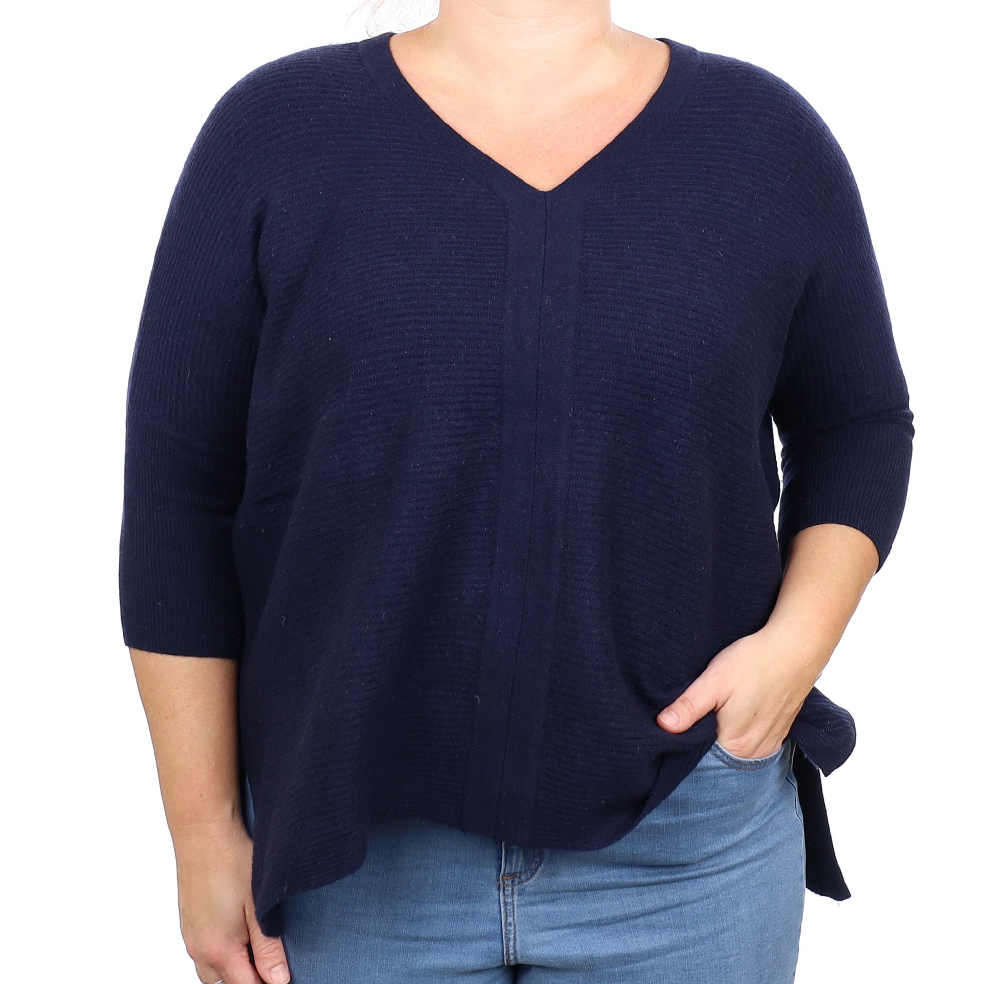 Navy Ribbed Cashmere V Neck Jumper Large