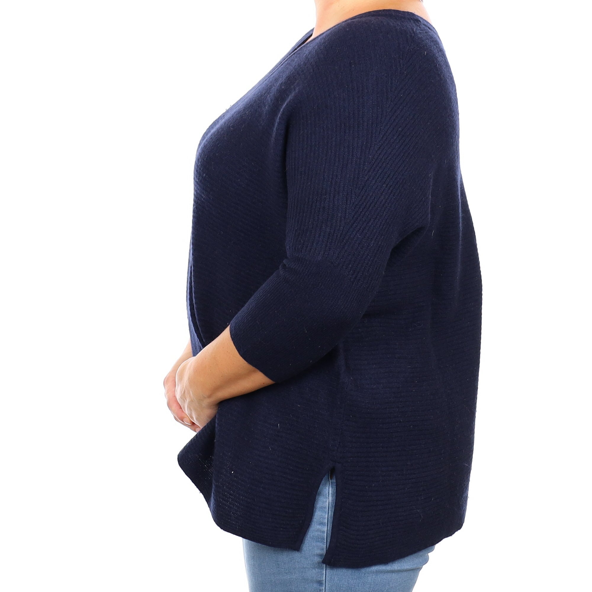 Navy Ribbed Cashmere V Neck Jumper Large