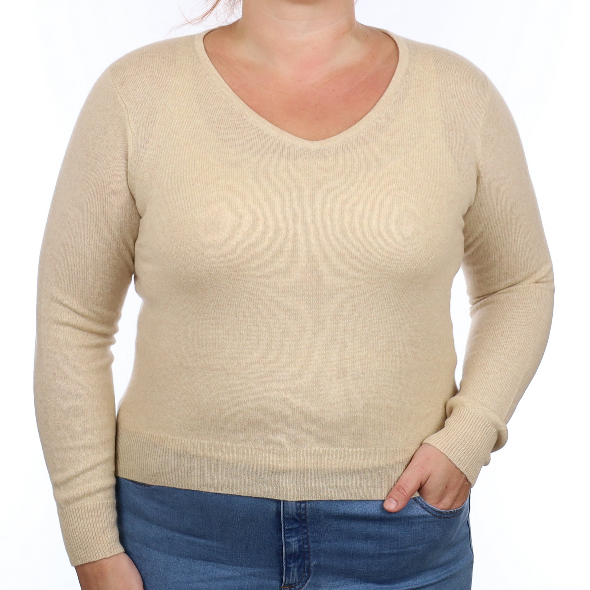 Sand Beige Cashmere V Neck Jumper Large