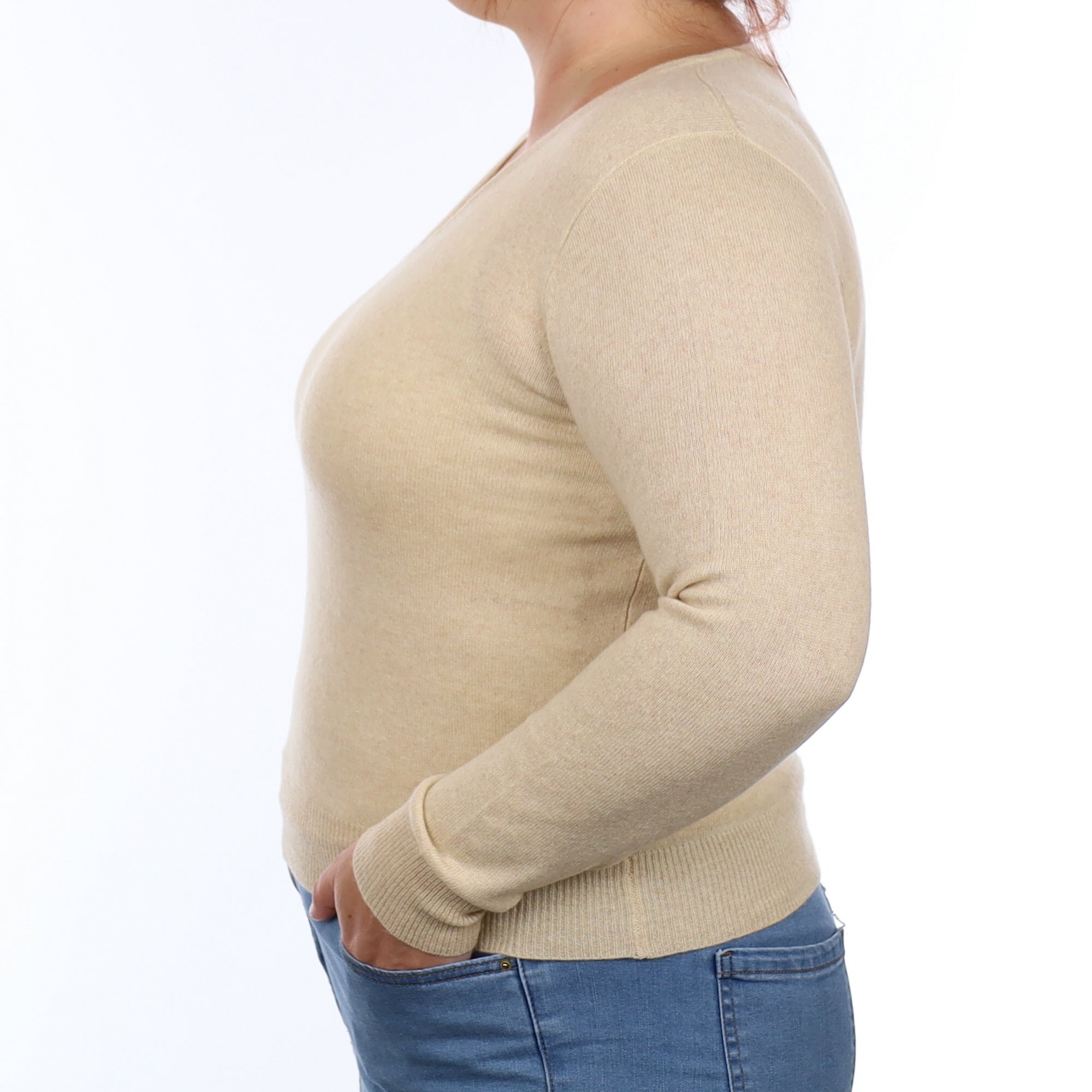 Sand Beige Cashmere V Neck Jumper Large