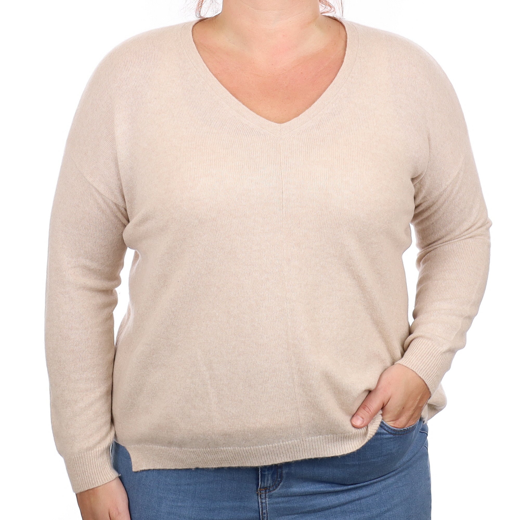 Poetry Oatmeal Cashmere V Neck Jumper Large