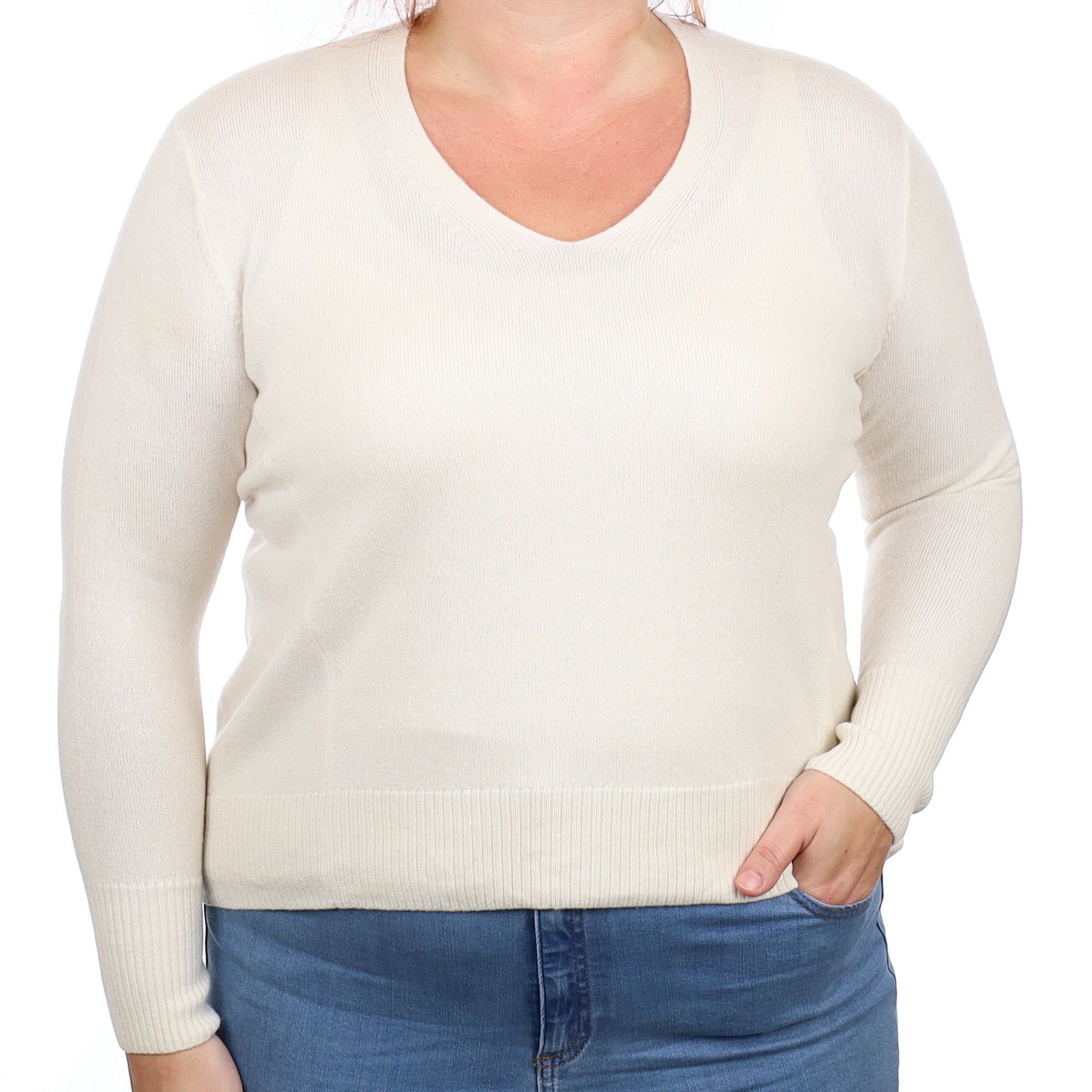 Ivory Cashmere V Neck Jumper Large