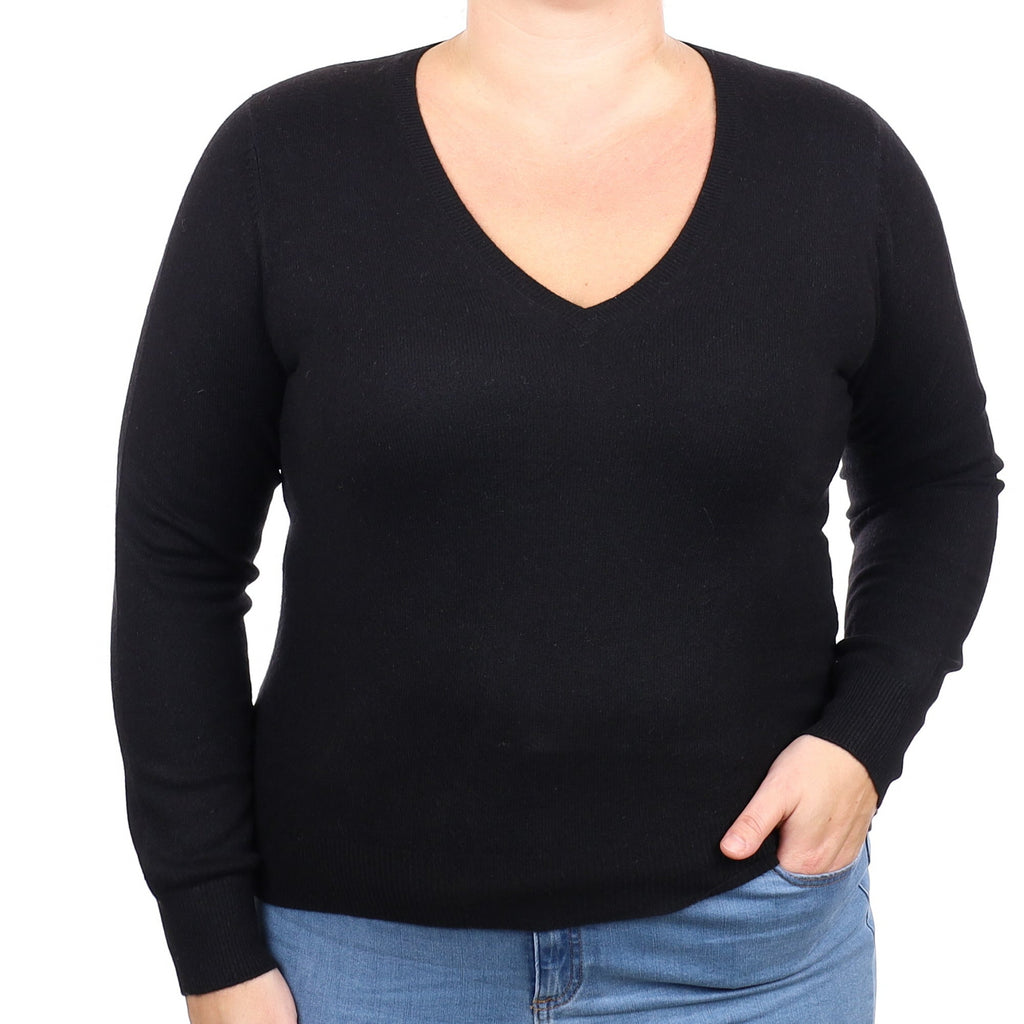 Black Cashmere V Neck Jumper Large