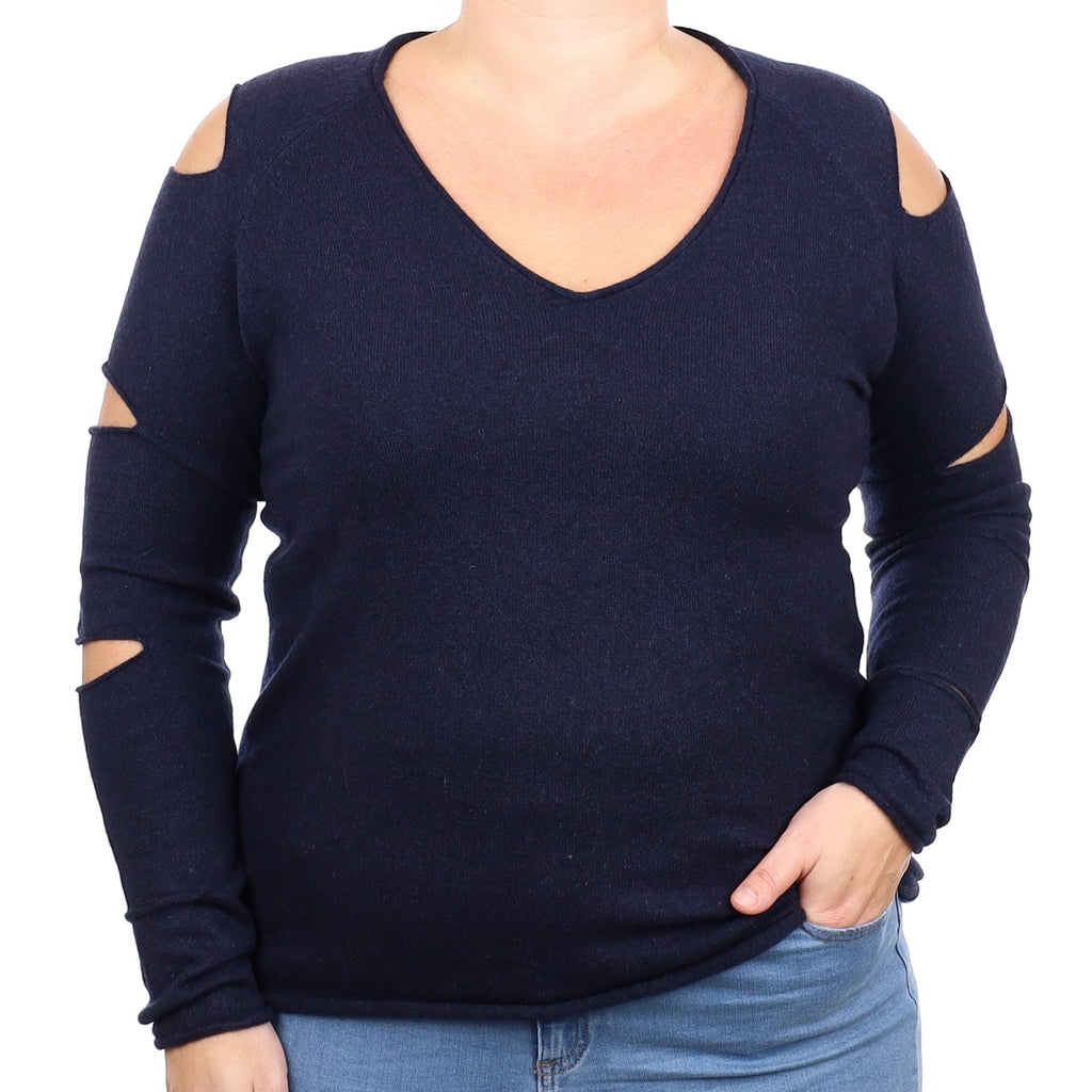 Scull Navy Blue Cashmere V Neck Jumper with Cut Out Sleeves Large