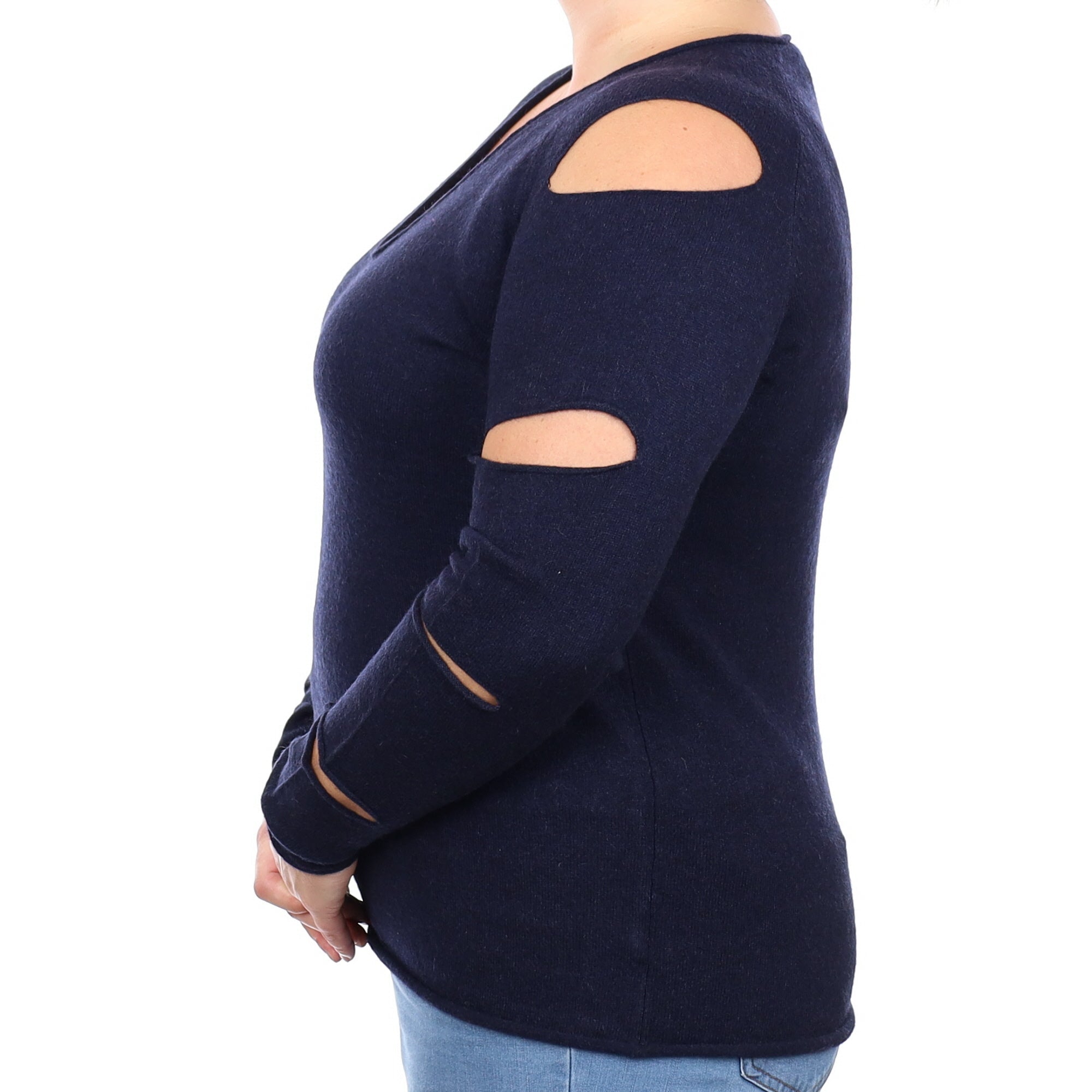 Scull Navy Blue Cashmere V Neck Jumper with Cut Out Sleeves Large