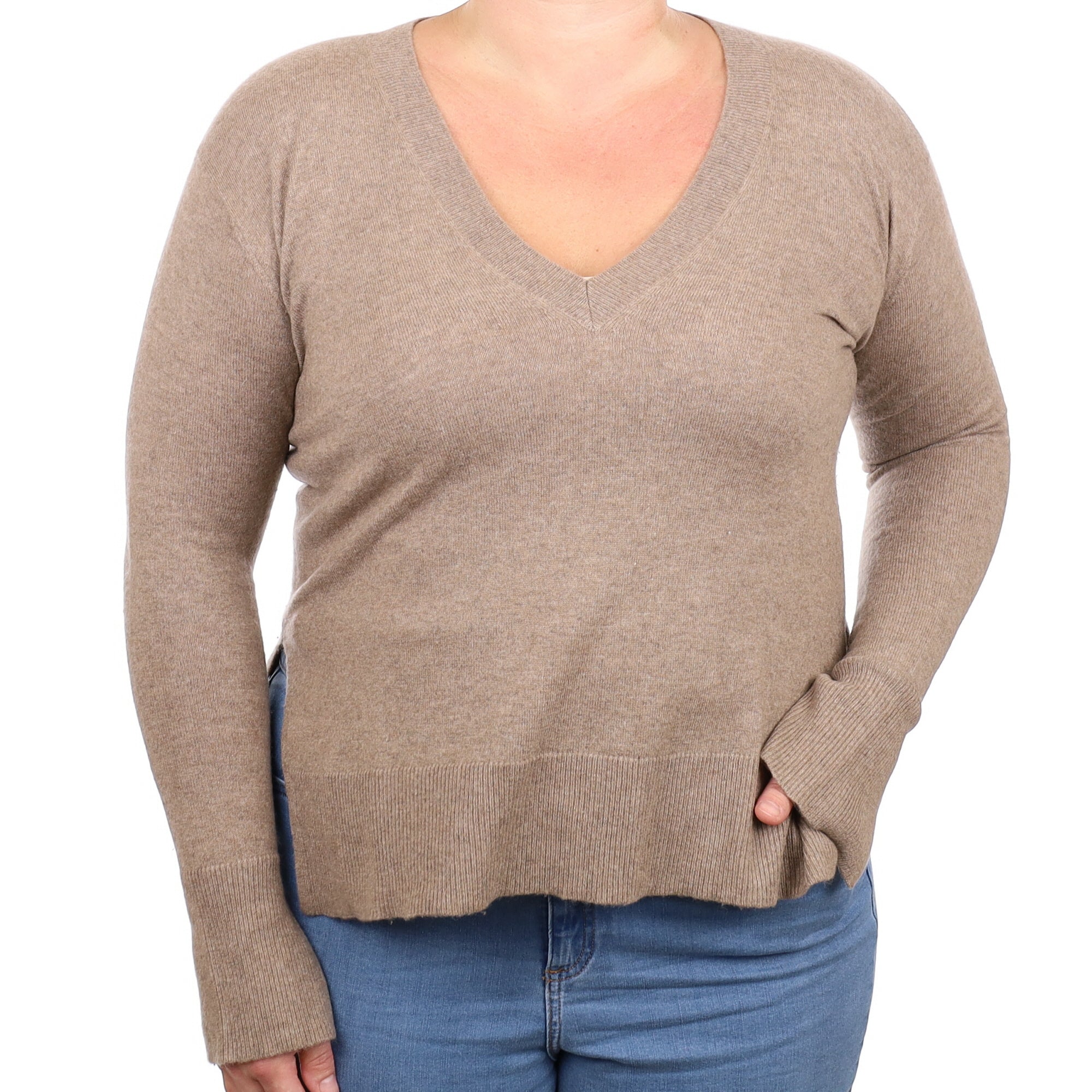 Taupe Brown Cashmere V Neck Jumper Large