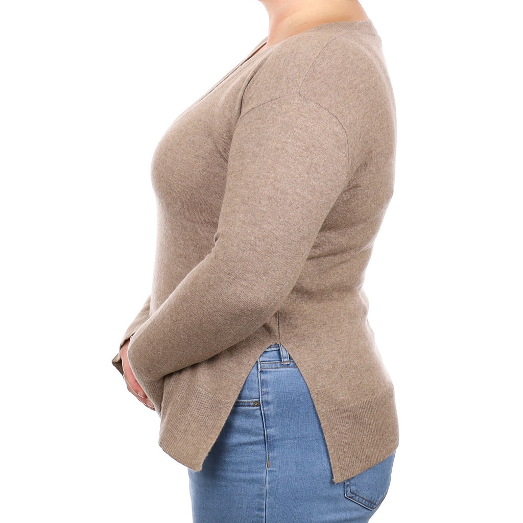 Taupe Brown Cashmere V Neck Jumper Large