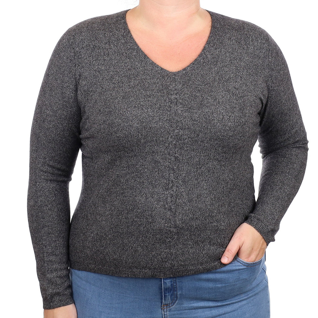 Charcoal Grey Marl Cashmere V Neck Jumper Large